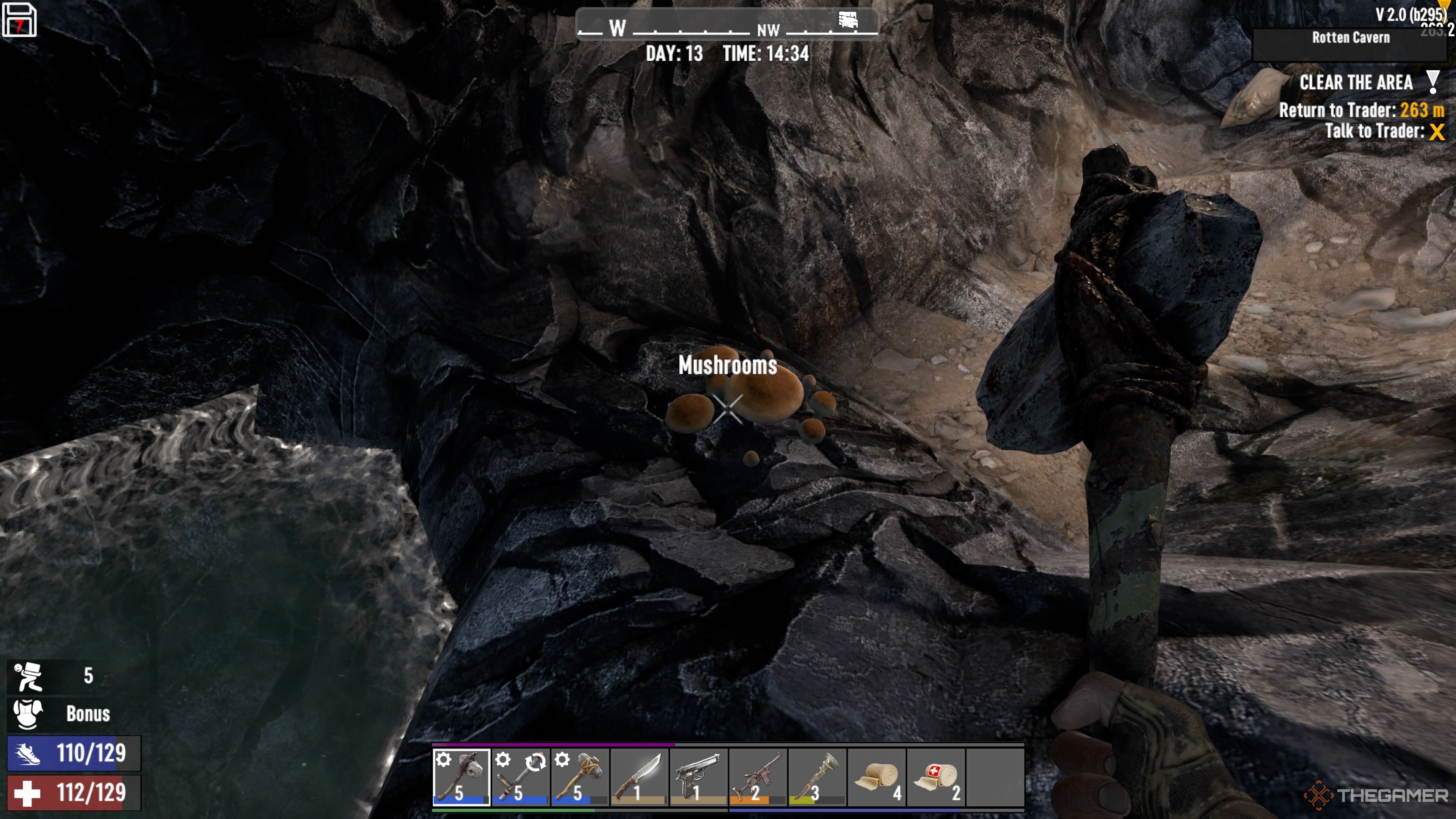 Player character standing next to a group of Mushrooms next to a pool of water in a cave in 7 Days To Die.