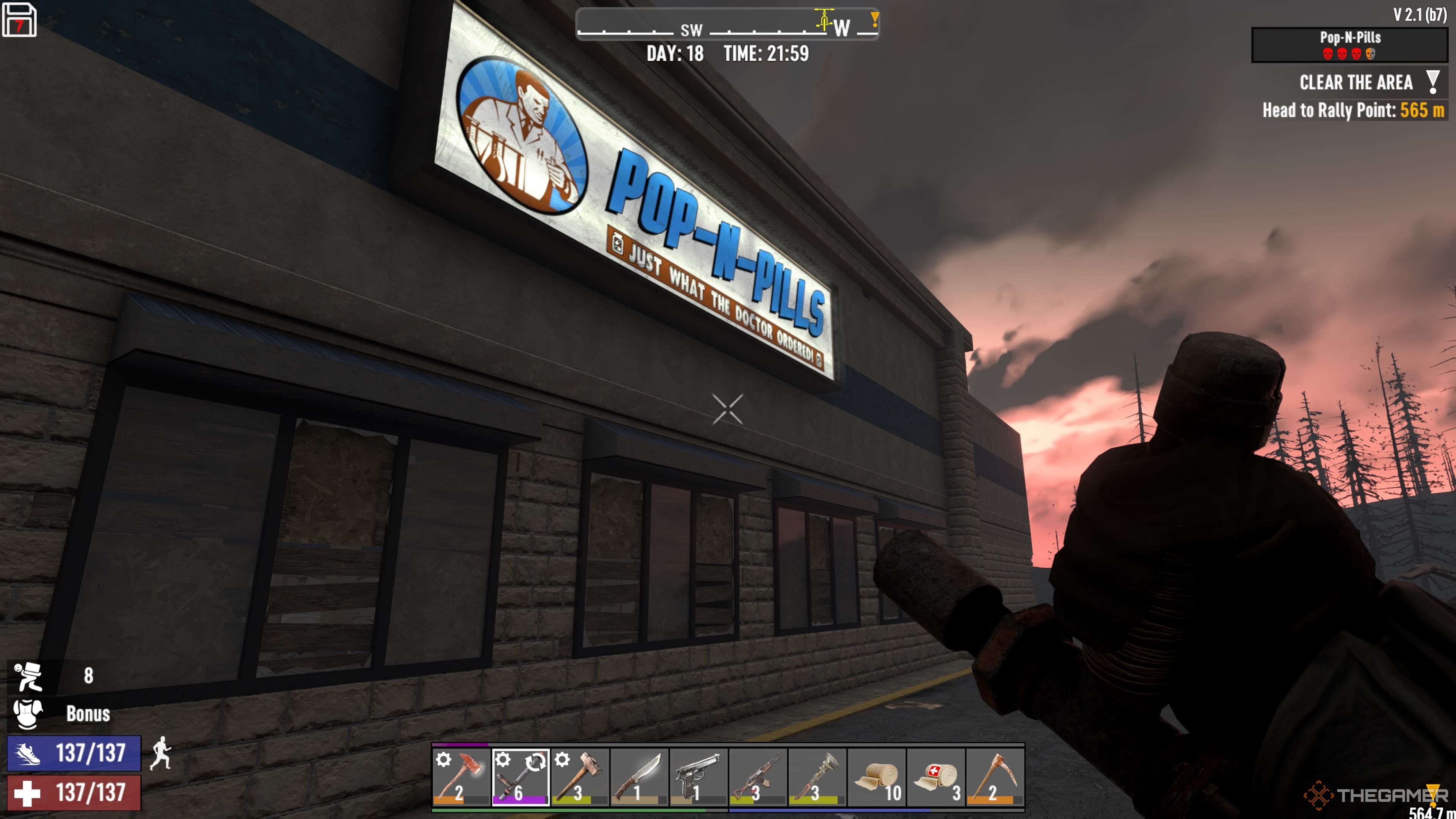 Player character walking up to the Pop-N-Pills building in the Burnt Forest in 7 Days To Die.