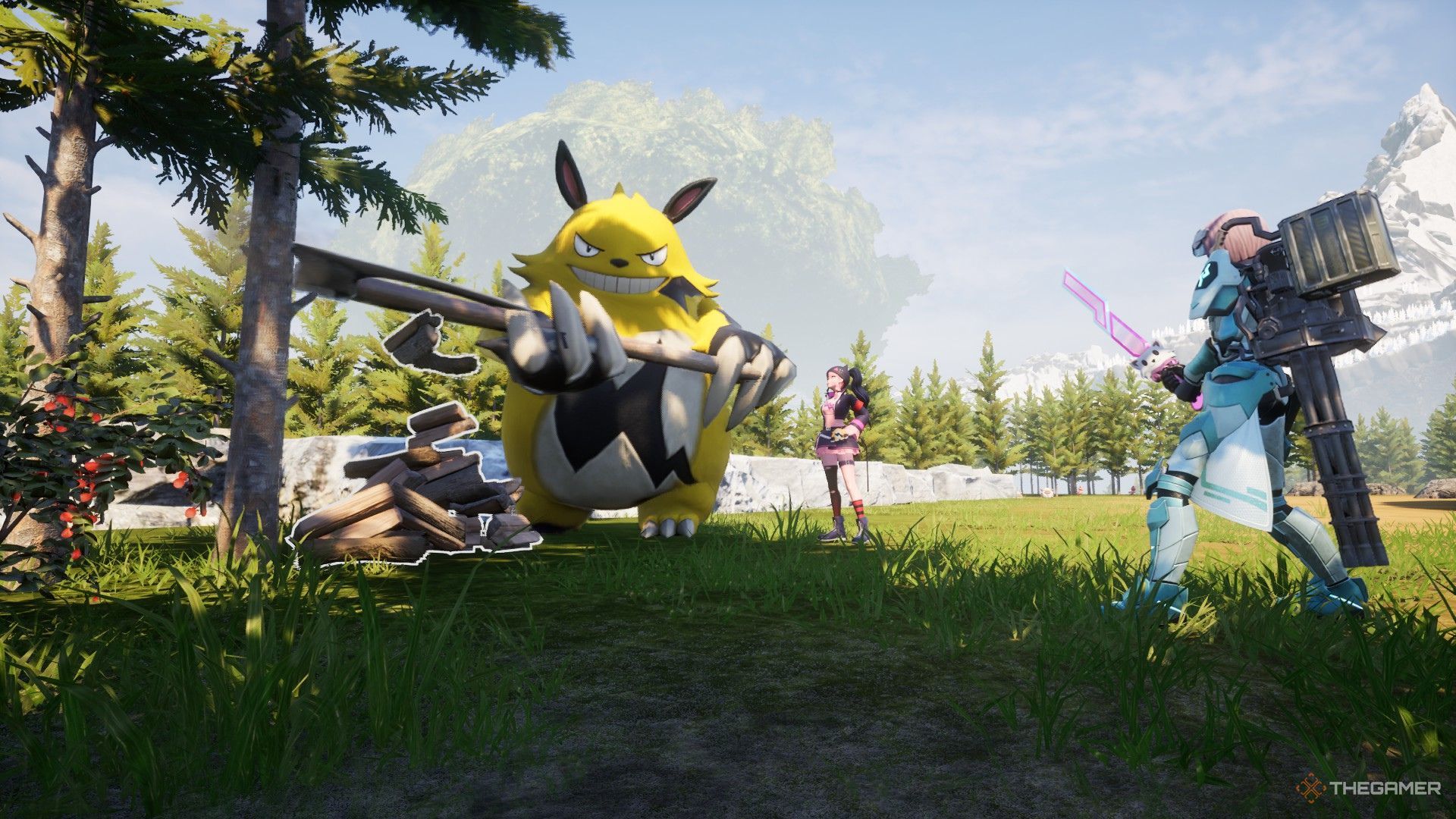 Grizzbolt is chopping wood while Zoe and the player watch in Palworld.