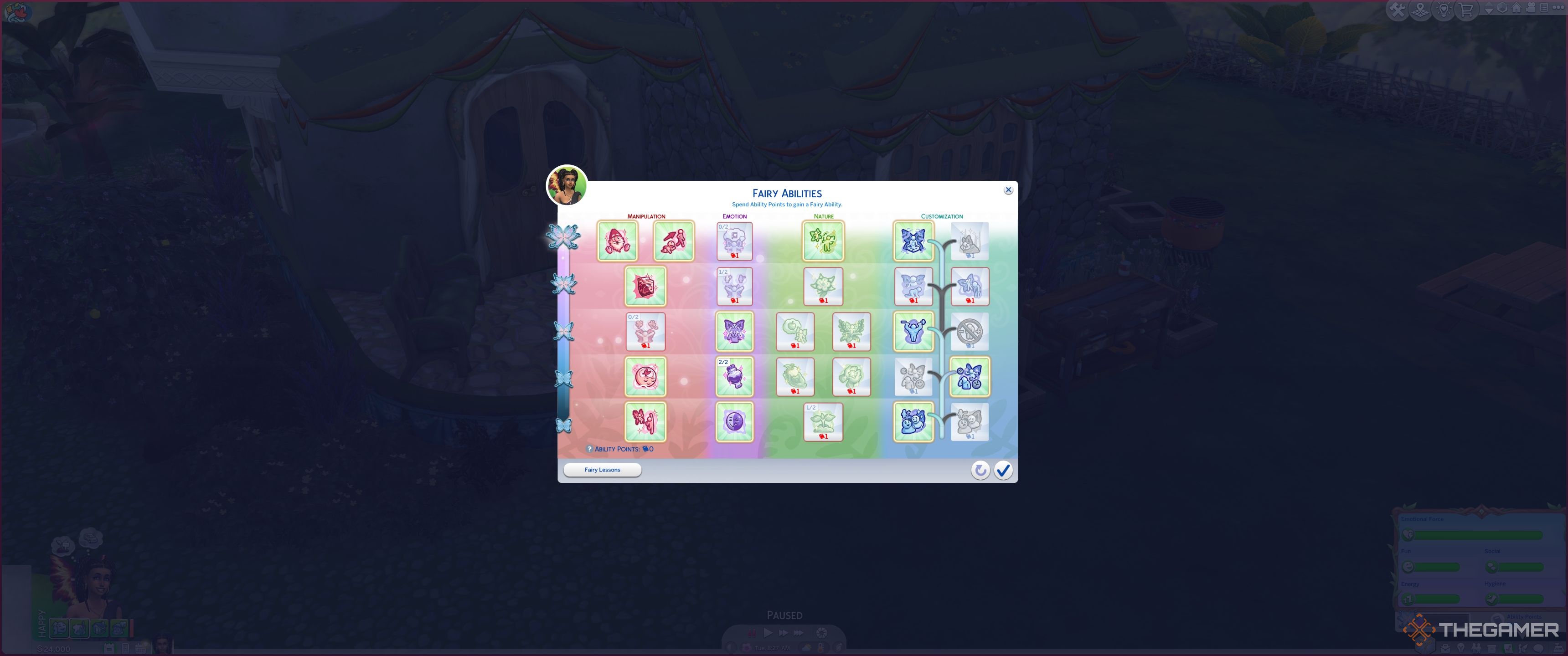 A fairy ability tree with random abilities from a level 5 fairy in the sims 4 enchanted by nature.