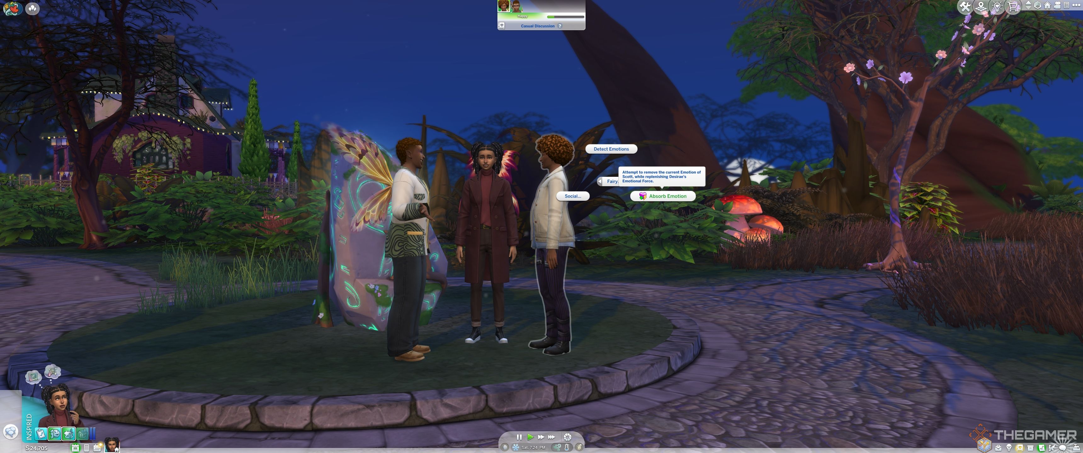 A fairy sim with absorb emotions menu visible in The Sims 4 Enchanted By Nature.