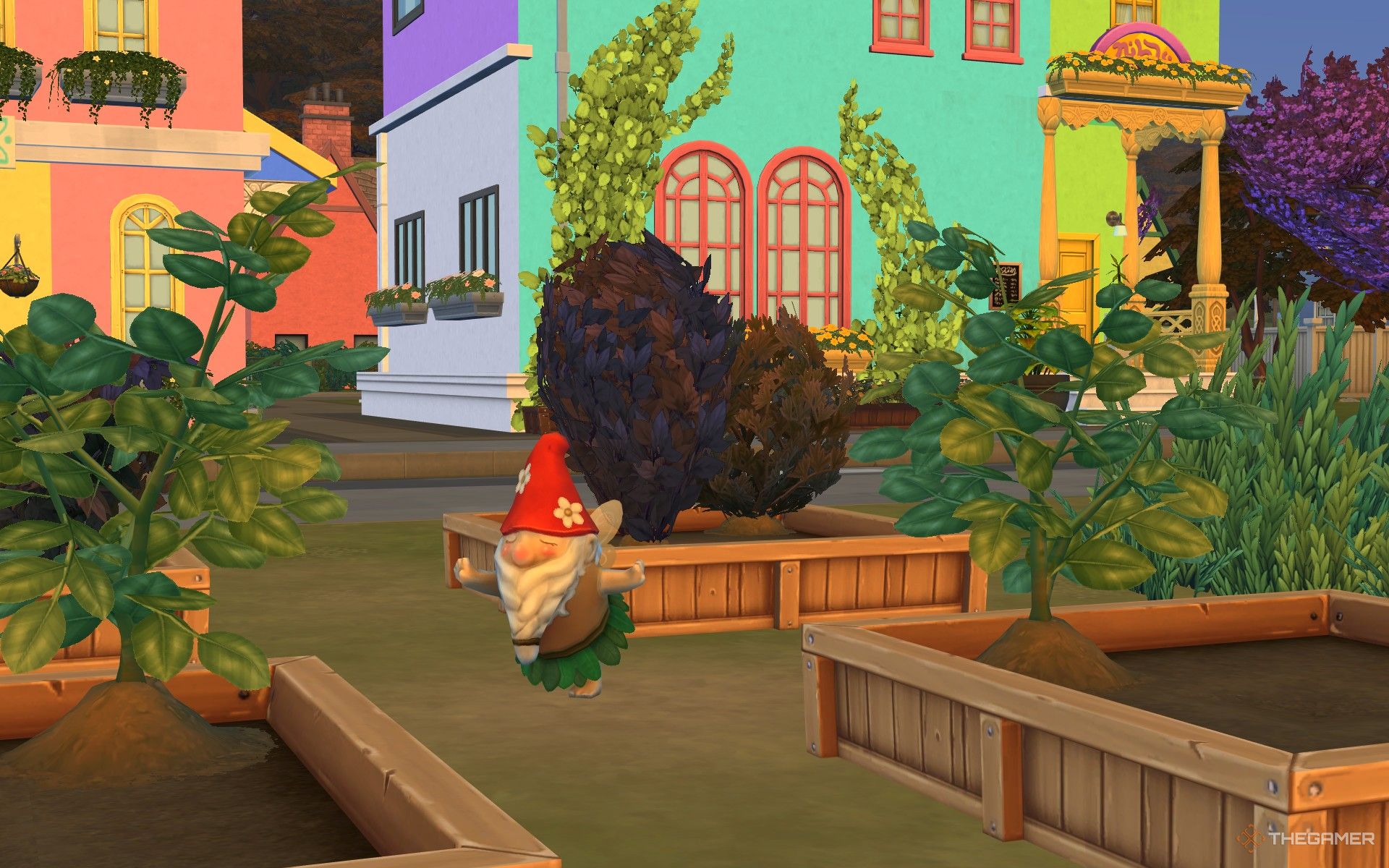 A gnome fluttering through a garden in Innisgreen in The Sims 4 Enchanted by Nature.