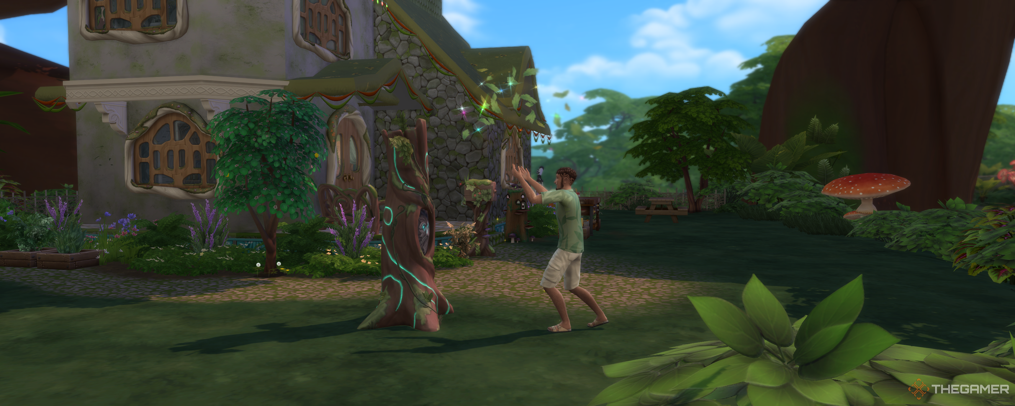 A male sim summoning spruce in his garden in the sims 4 enchanted by nature.