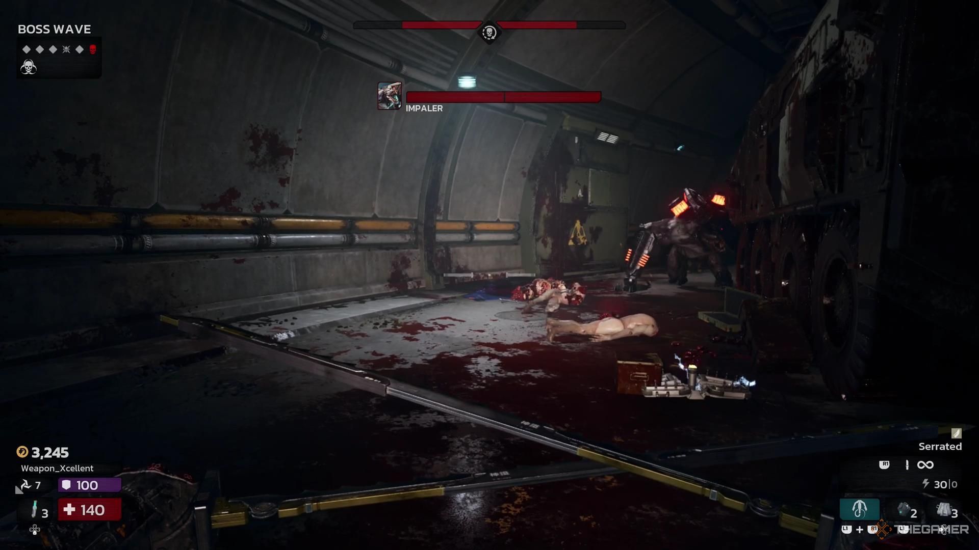 A Ninja stands holding Katanas in front of an Impaler in Killing Floor 3.