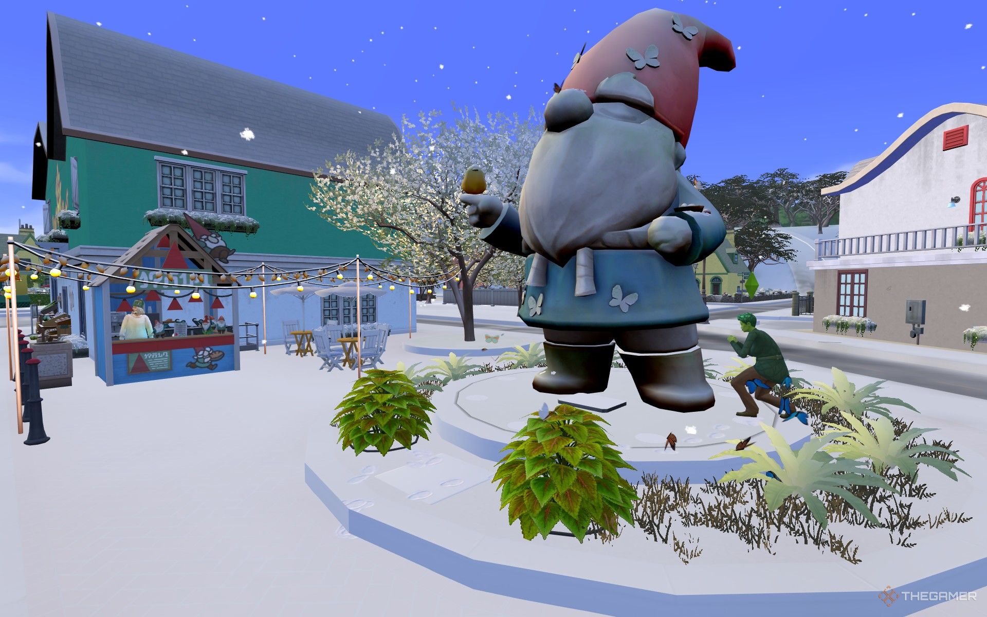 A PlantSim asking the Great Gnome for good luck while Glen Nhoam watches in The Sims 4 Enchanted by Nature.