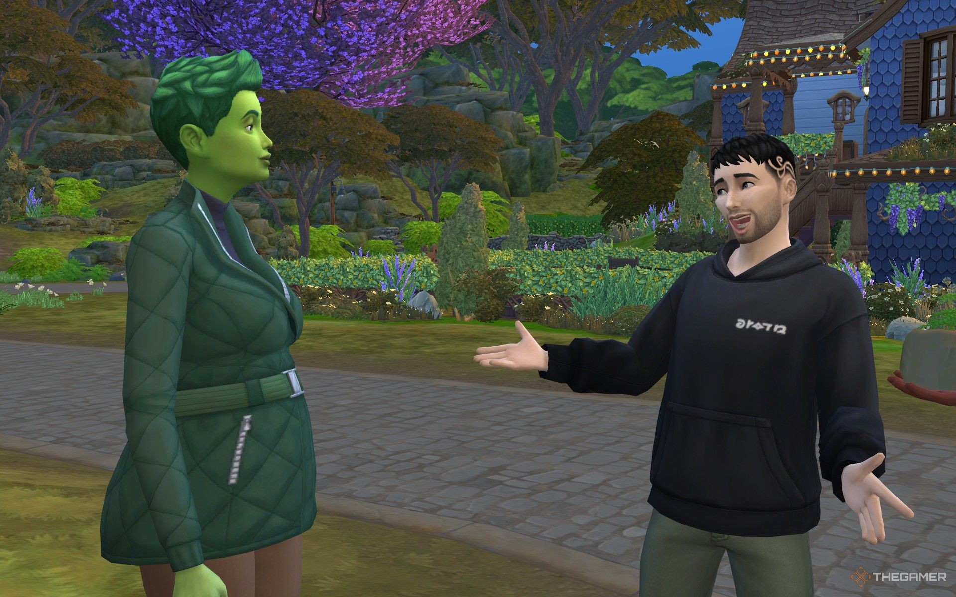 A PlantSim talking to Joe Trader in The Sims 4 Enchanted by Nature.
