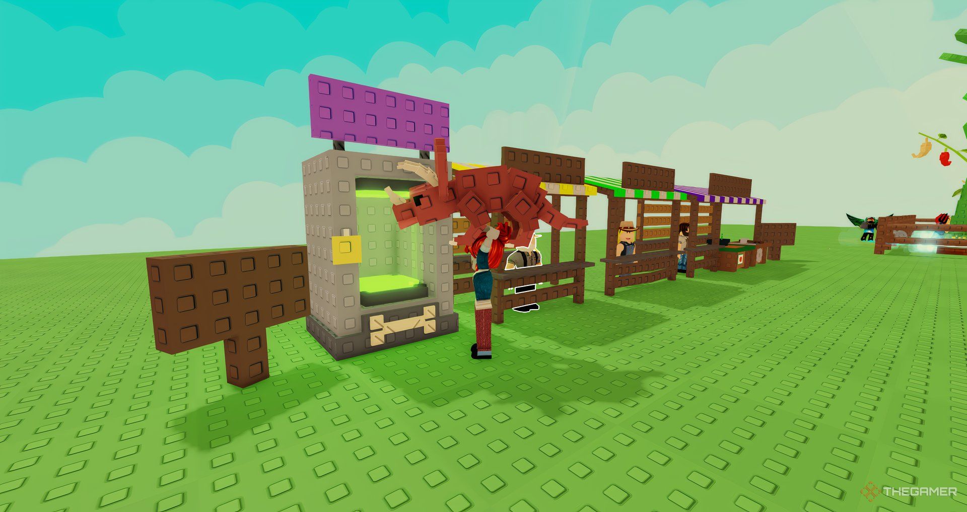 A player holding a pet near the mutation stall in Roblox Grow A Garden.
