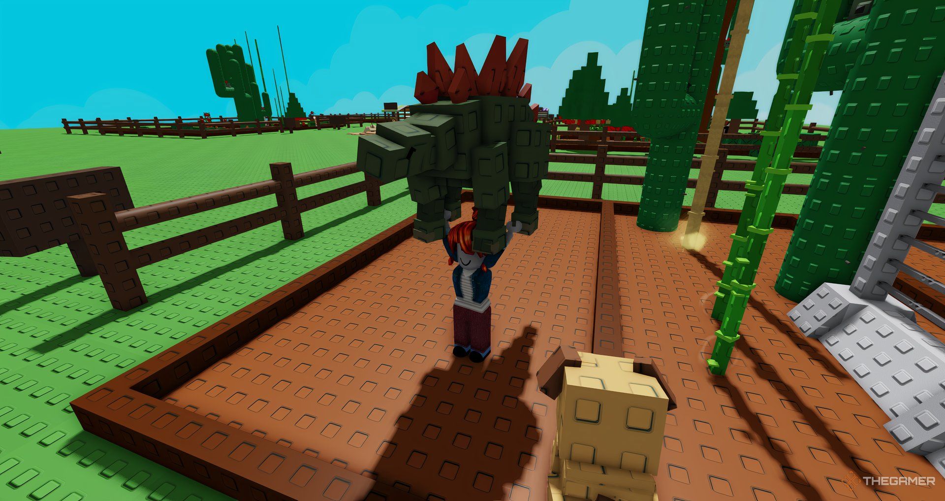 A player holding a Stegosaurus pet in Roblox Grow a Garden.