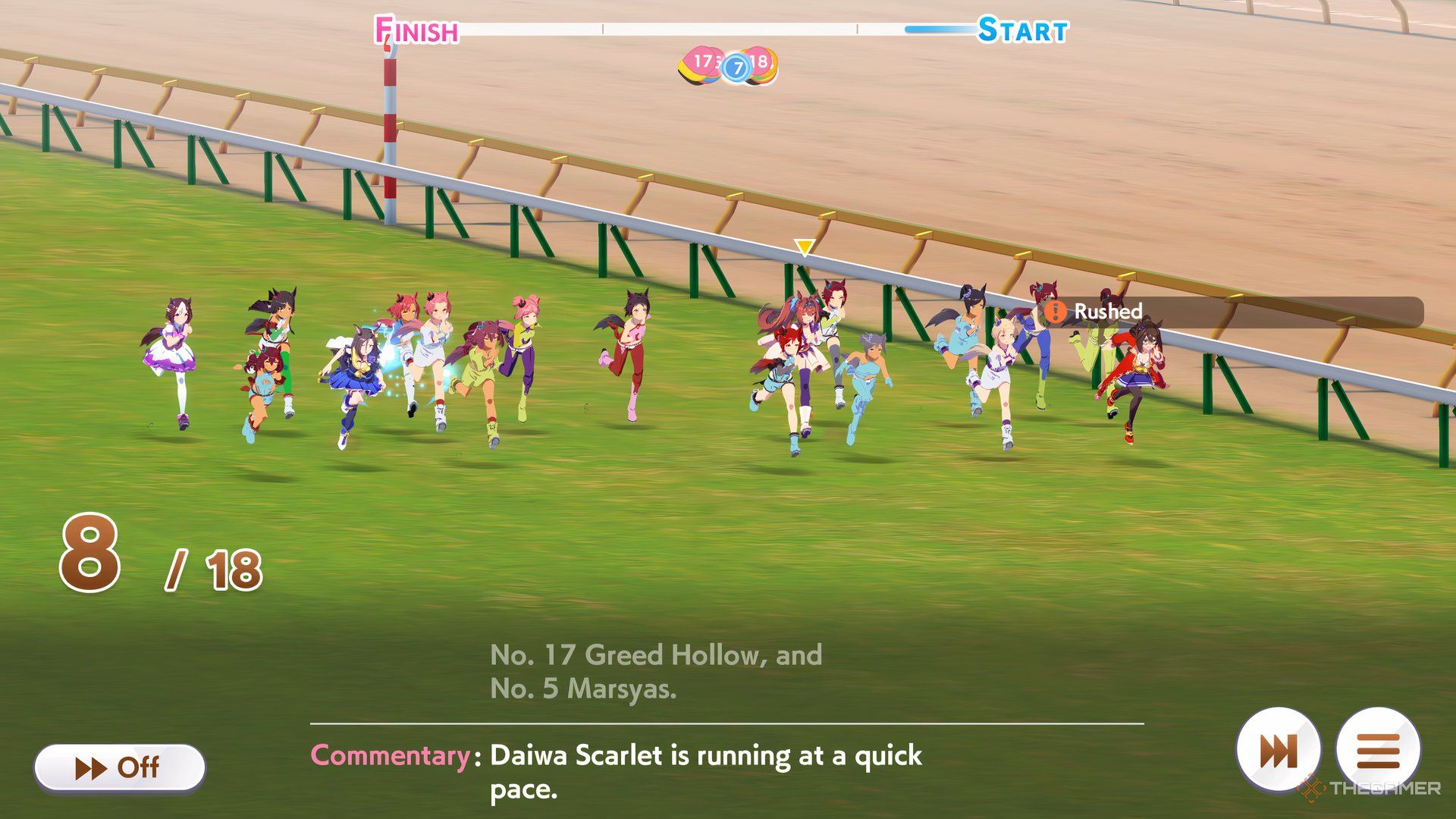 A racer is affected by rushed in Umamusume Pretty Derby.