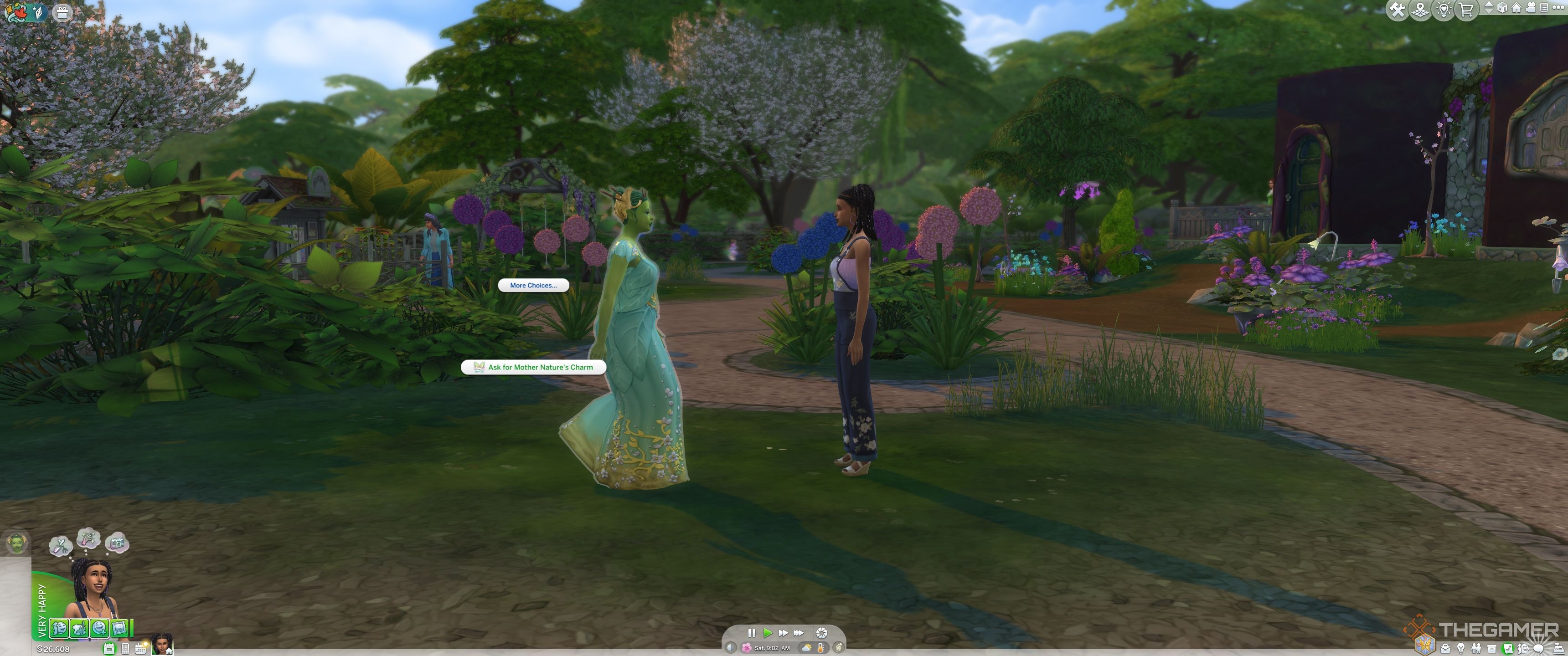 A sim asking mother nature for her charm in The Sims 4 Enchanted By Nature.
