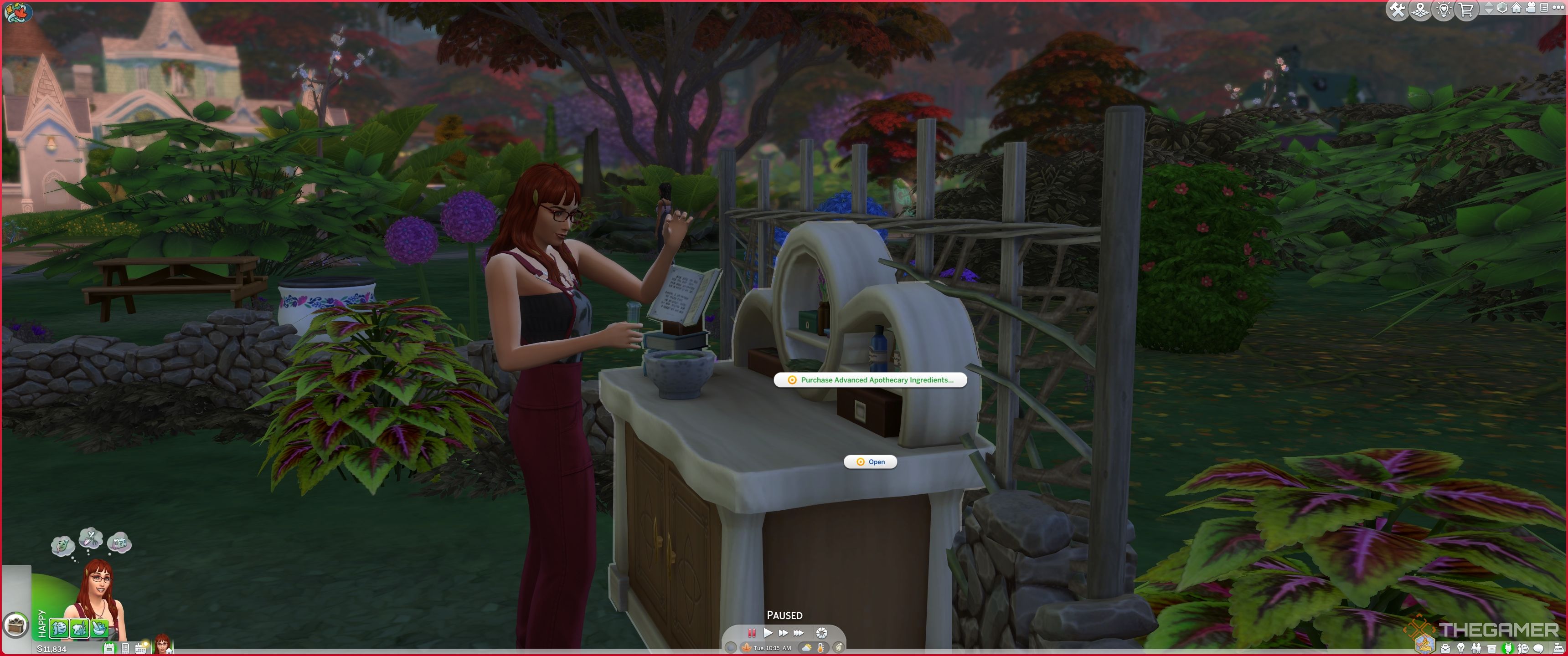 A sim at apothecary table with menu open in The Sims 4 Enchanted By Nature.-1