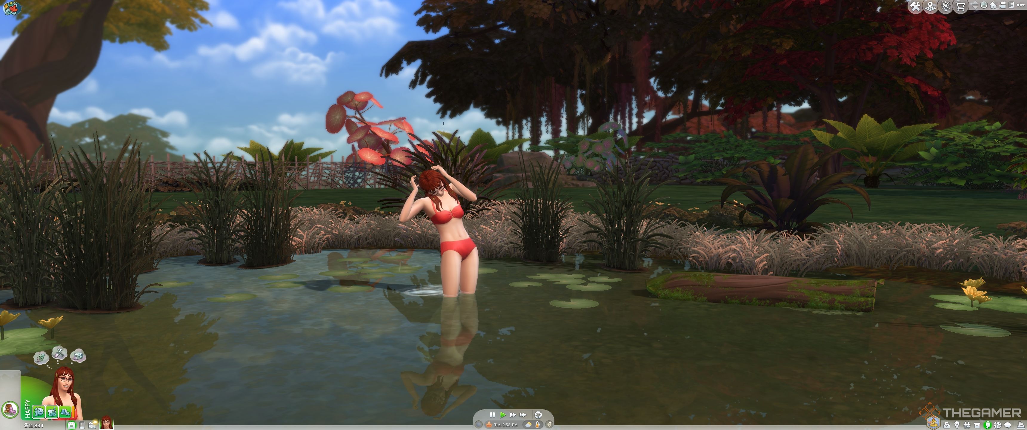 A sim bathing in a pond in The Sims 4 Enchanted By Nature.