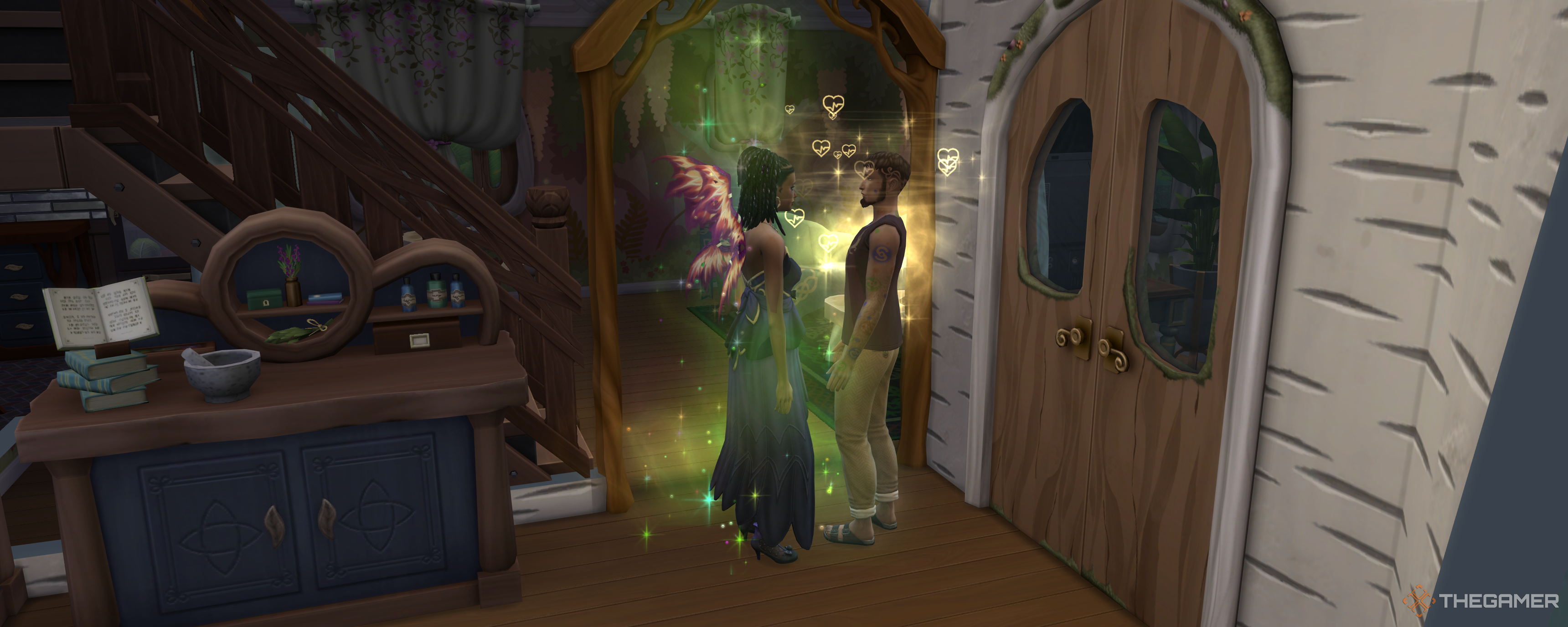 A sim being cured by a fairy who is full size in The Sims 4 Enchanted By Nature.
