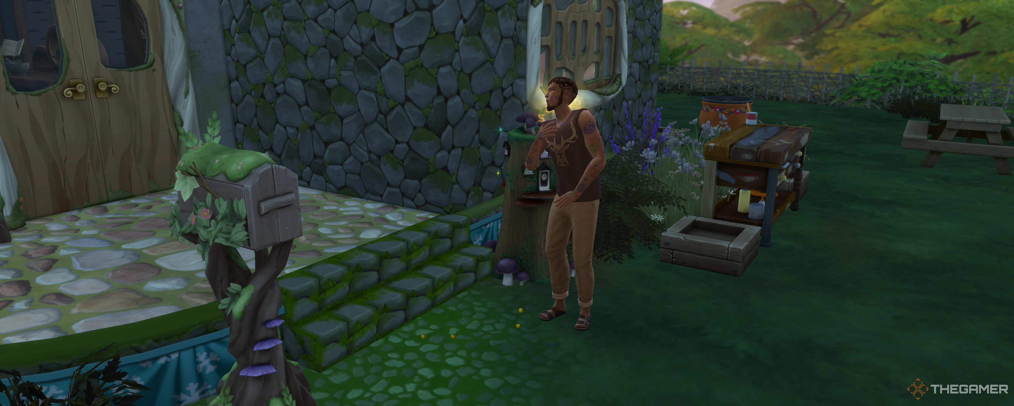 A sim coughing up simoleons in The Sims 4 Enchanted By Nature.