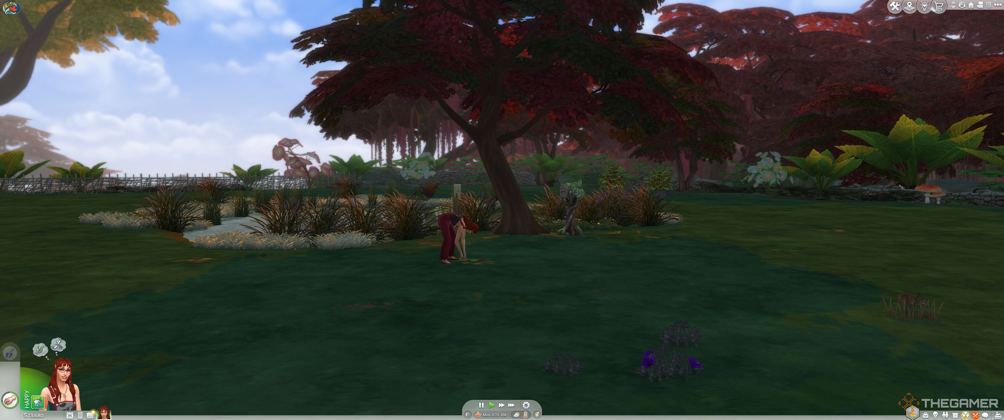 A sim foraging by a pond in The Sims 4 Enchanted By Nature.-1