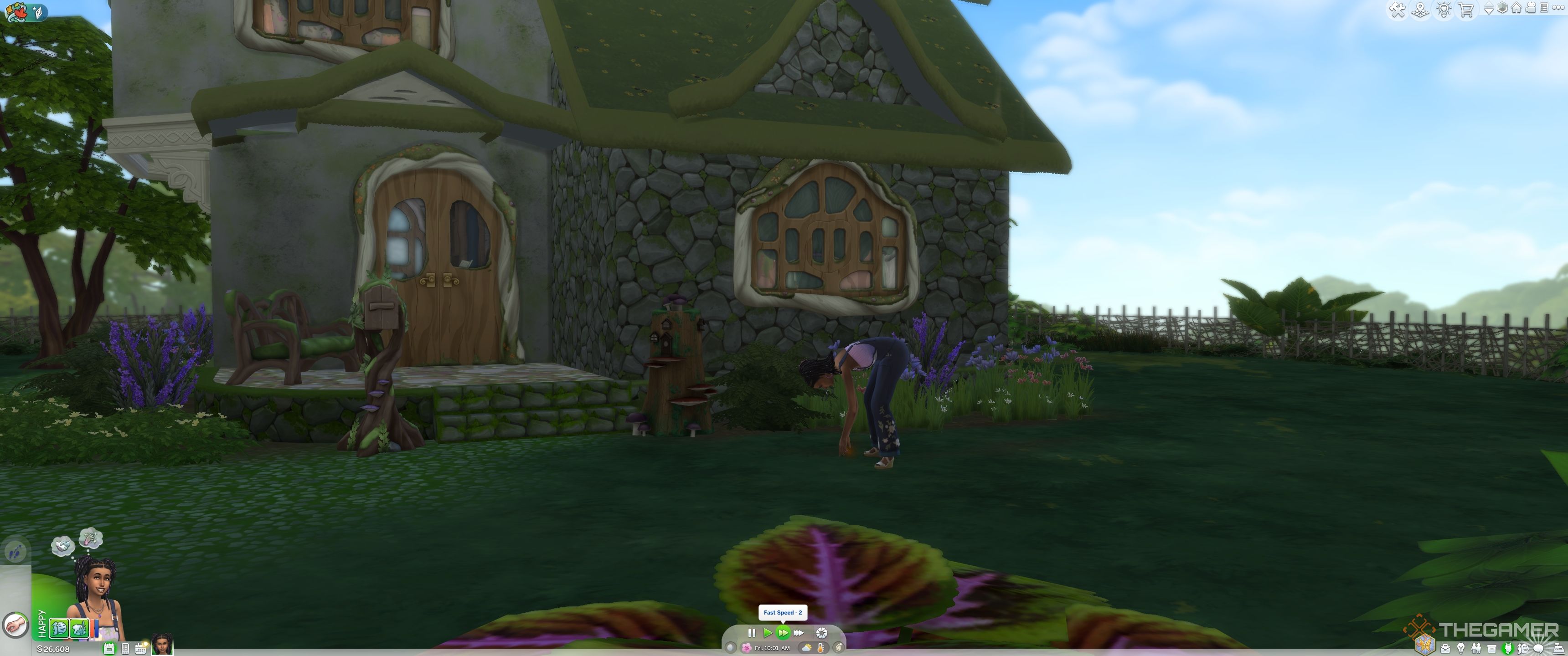 A sim foraging in the front garden during the day in The Sims 4 Enchanted By Nature.-1