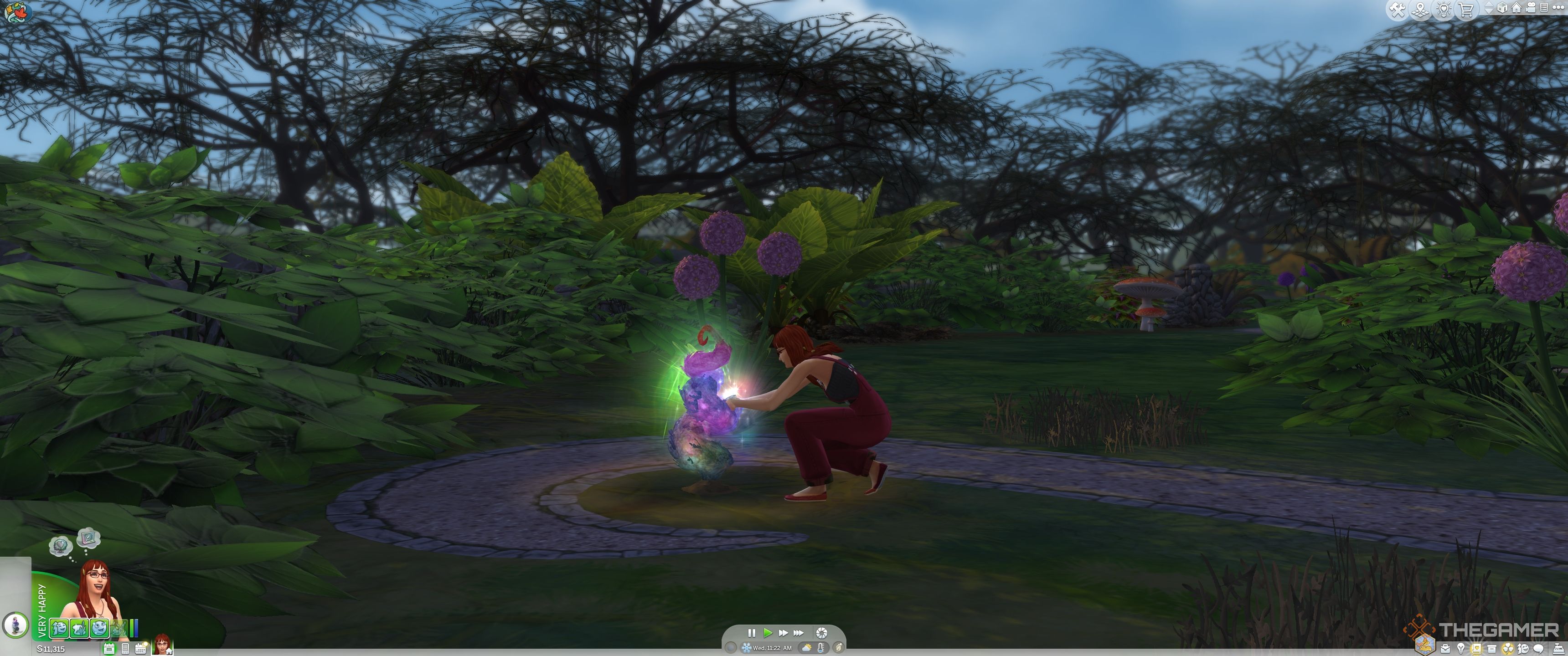 A sim harvesting a moody shrub in The Sims 4 Enchanted By Nature.