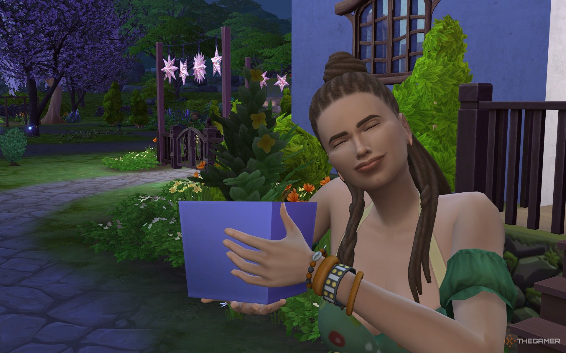 A Sim hugging a plant in The Sims 4 Enchanted by Nature.