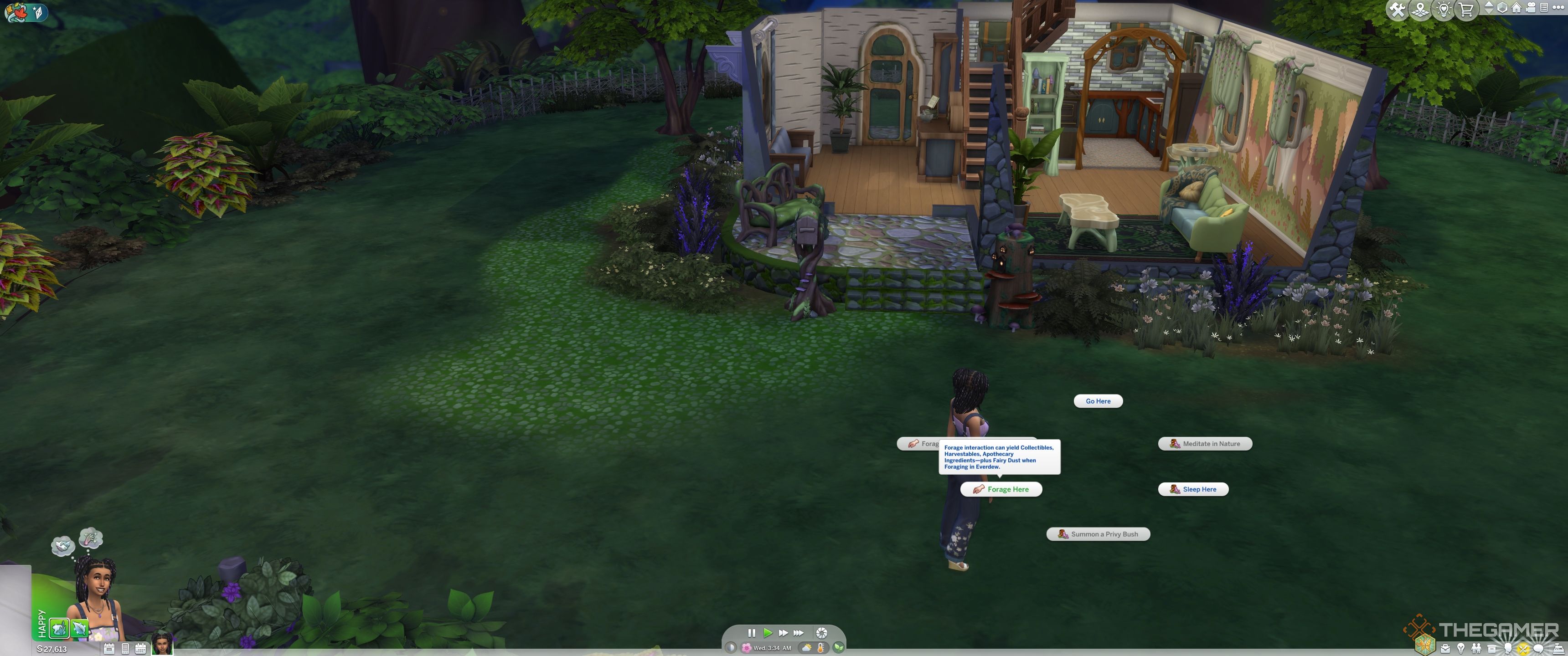 A sim in her garden with the forage interaction visible in The Sims 4 Enchanted By Nature.-1