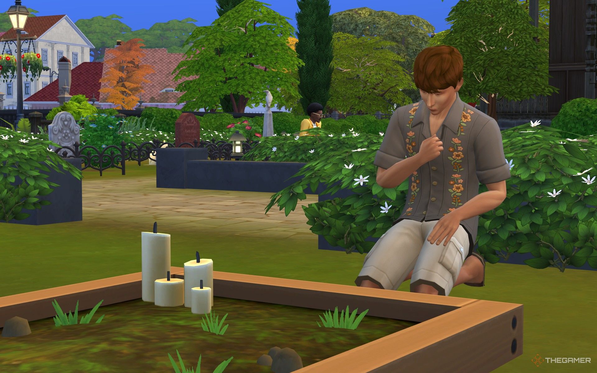 A Sim in mournining at a gravesite in The Sims 4.
