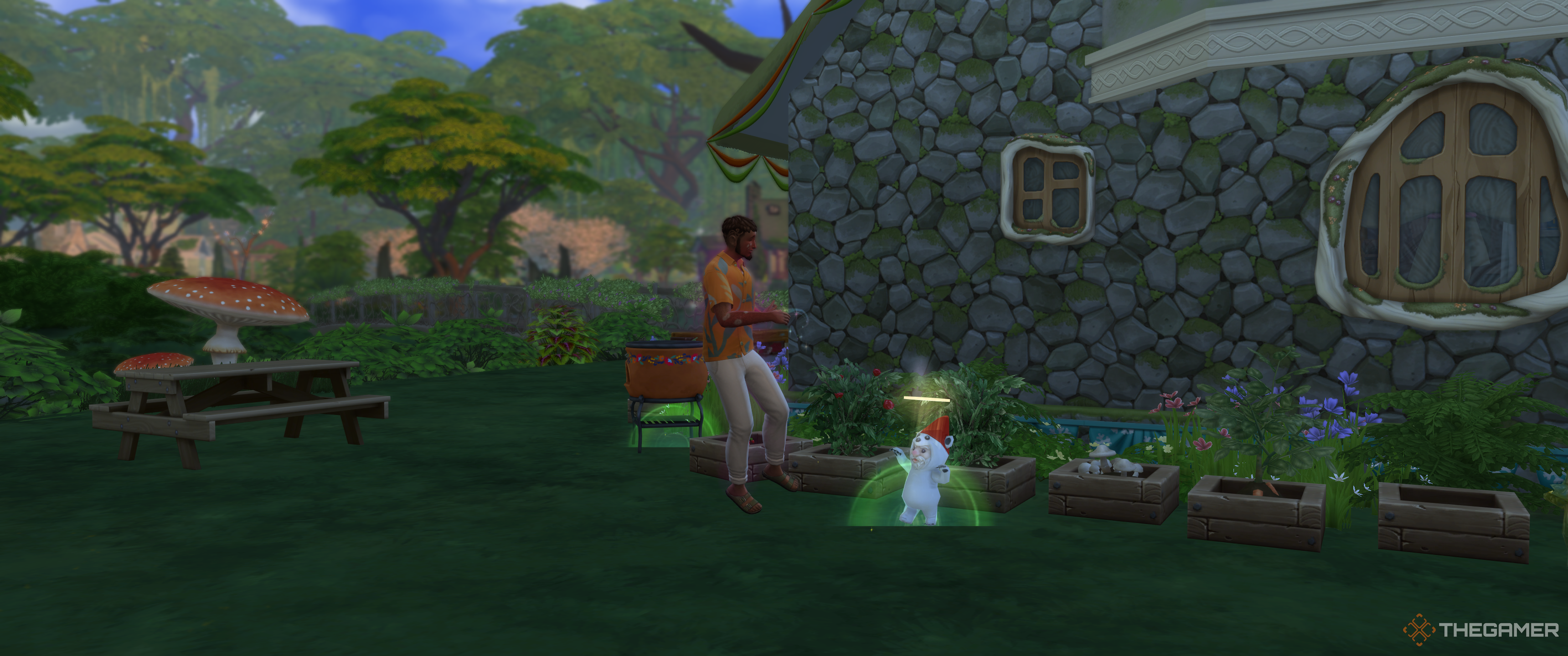 A Sim playing with a gnome in The Sims 4 Enchanted By Nature.