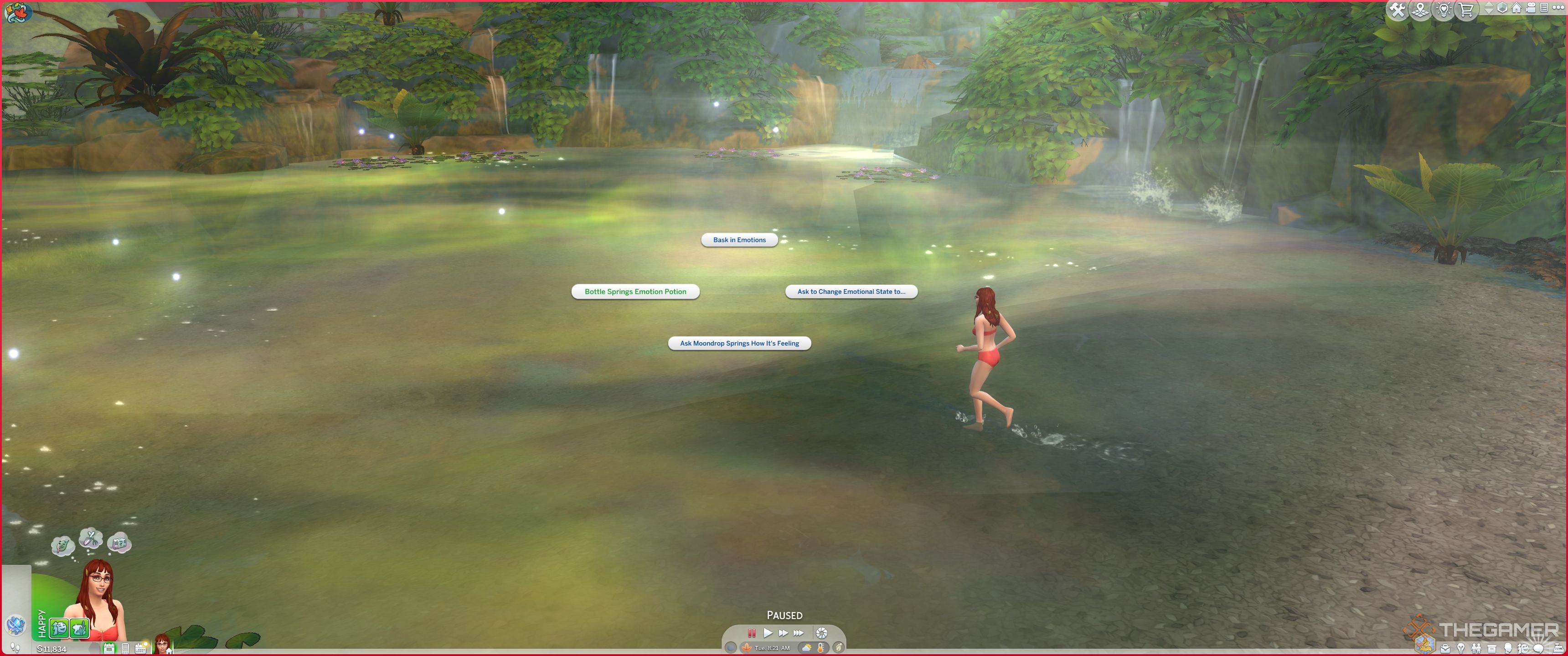 A sim running to bottle emotions in moondrop springs in The Sims 4 Enchanted By Nature.
