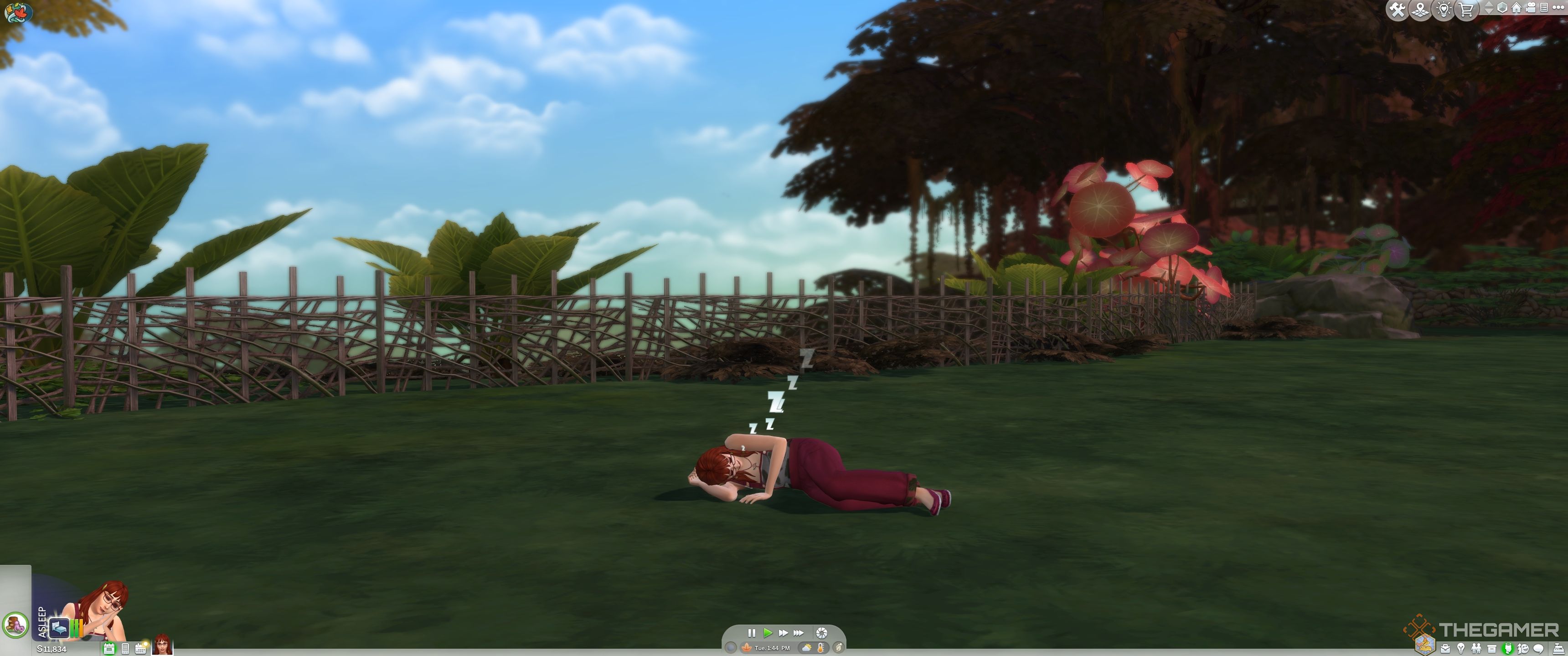 A sim sleeping on the floor in the sims 4 enchanted by nature.