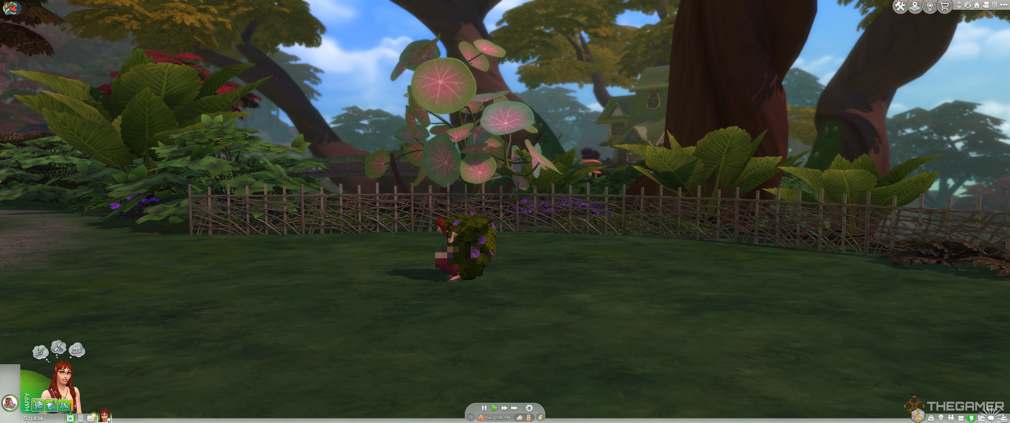 A sim using a privy bush in the sims 4 enchanted by nature.