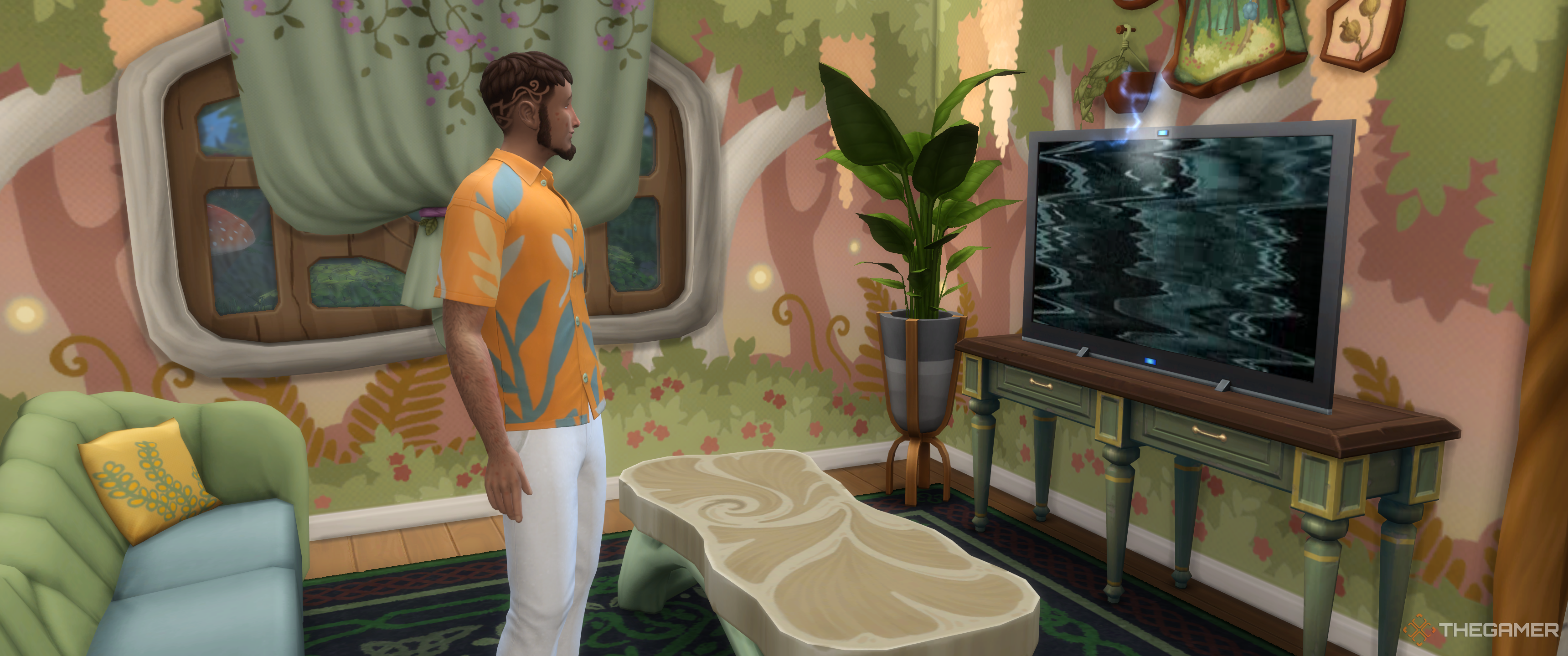 A sim with sonic sinuses breaking a TV in the sims 4 enchanted by nature.
