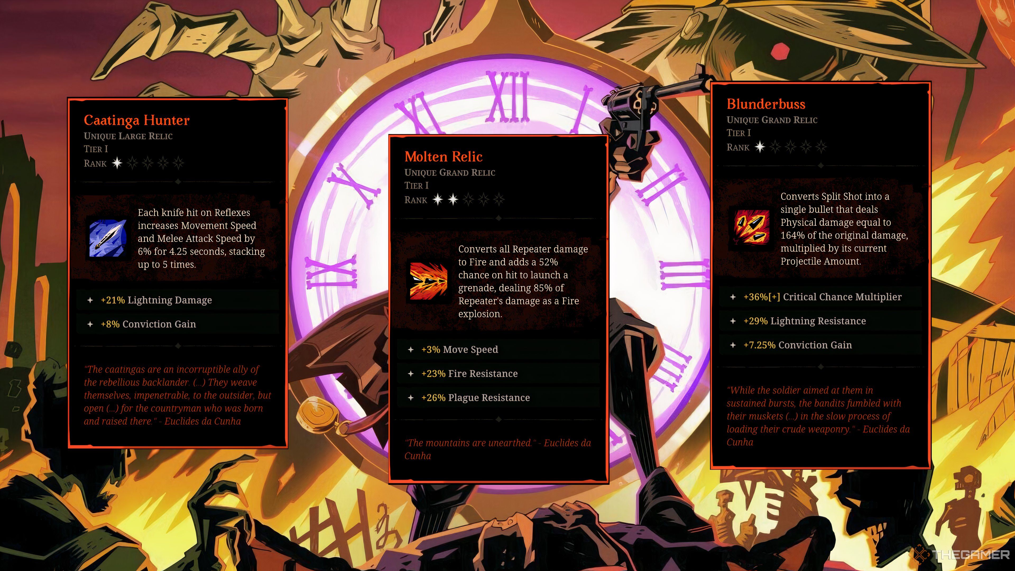 A Tier Relics Caatinga Hunter, Molten Relic, and Blunderbuss in Hell Clock.