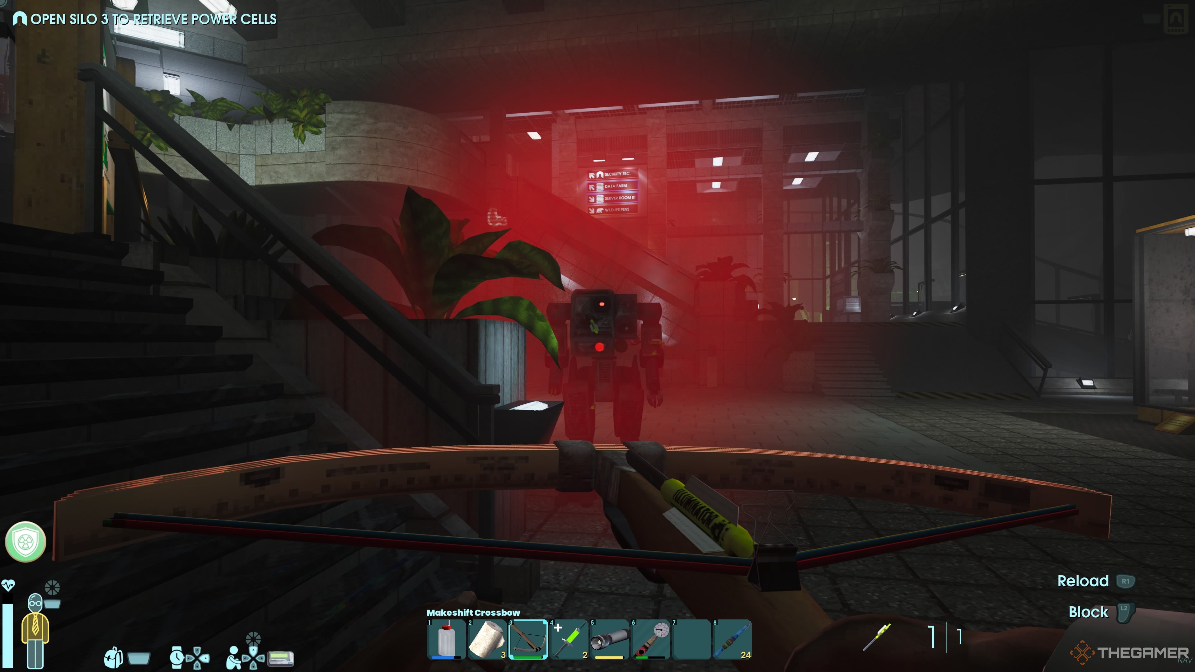 Player character aiming a loaded Makeshift Crossbow at an approaching, hostile Security Bot in Abiotic Factor.