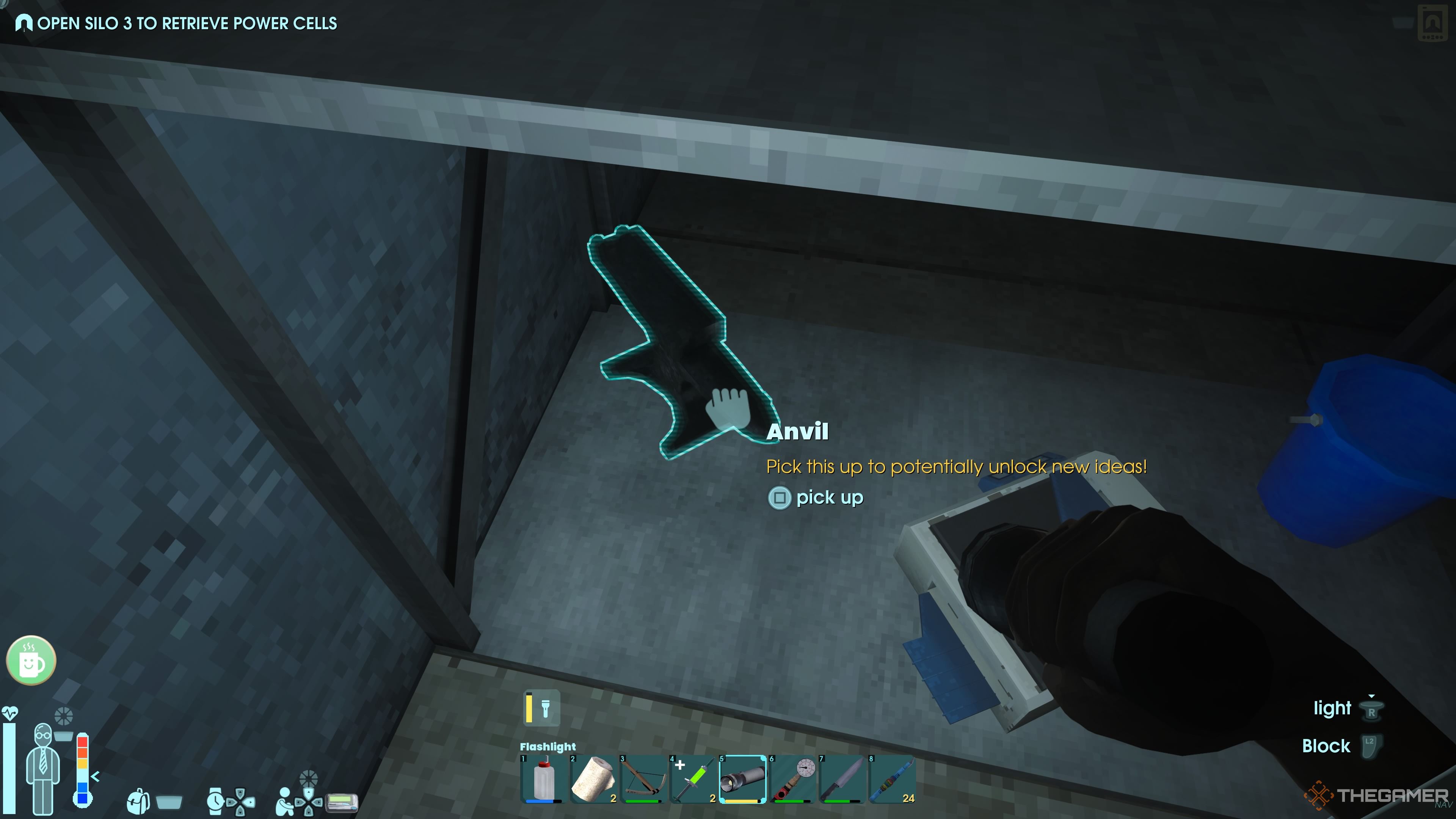 Player character holding a flashlight and looking at an Anvil on the bottom of a shelf in Abiotic Factor.