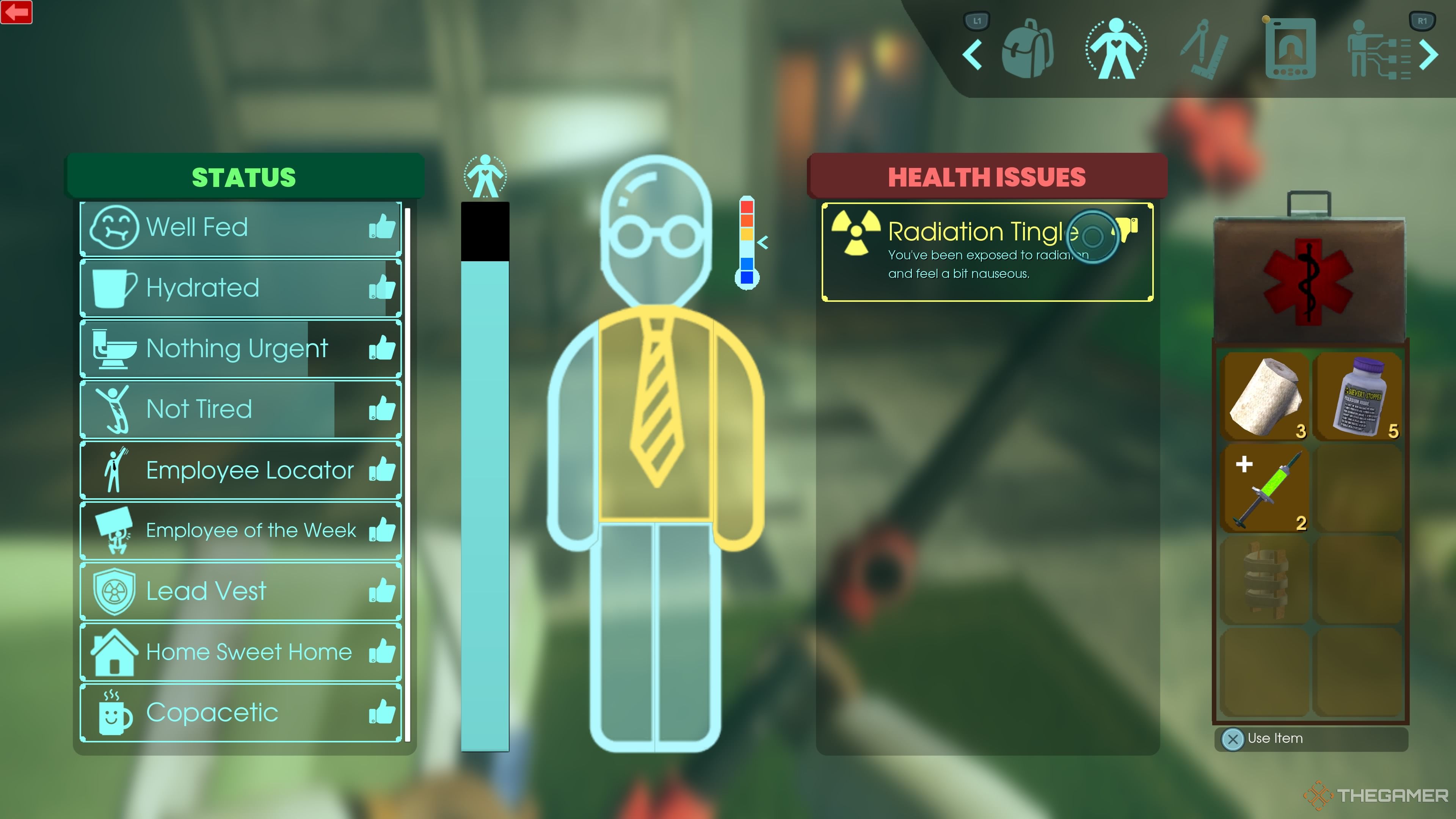 Character status screen showing different statuses and the Radiation Tingle health issue in Abiotic Factor.
