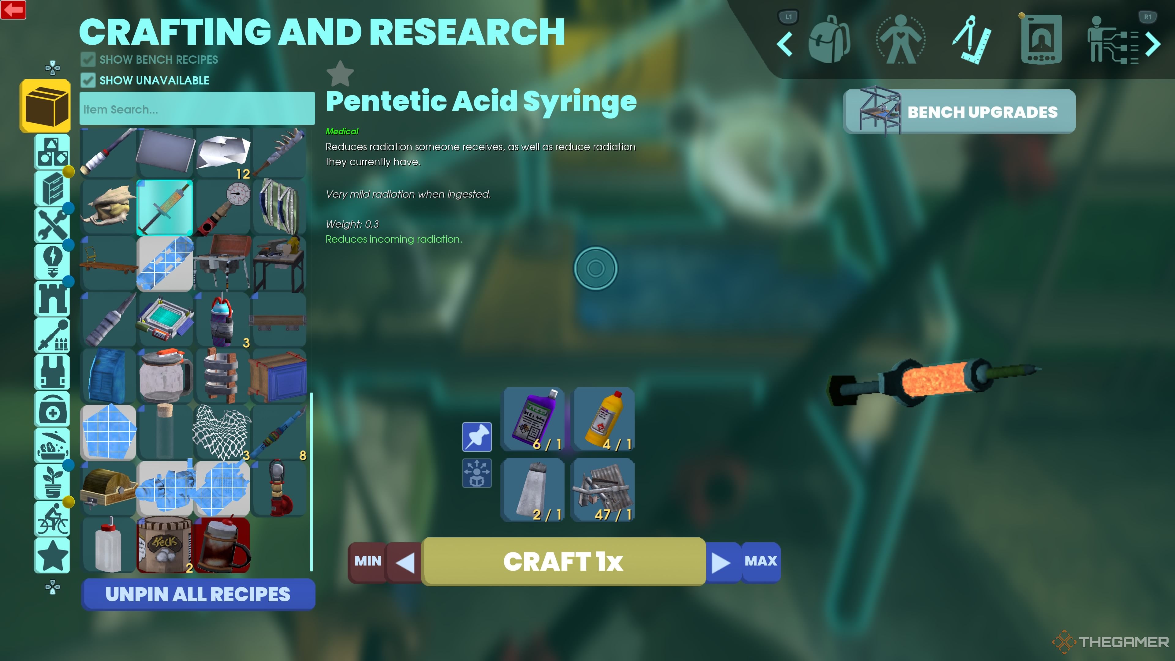 Crafting menu showing the full recipe for a Pentetic Acid Syringe in Abiotic Factor.