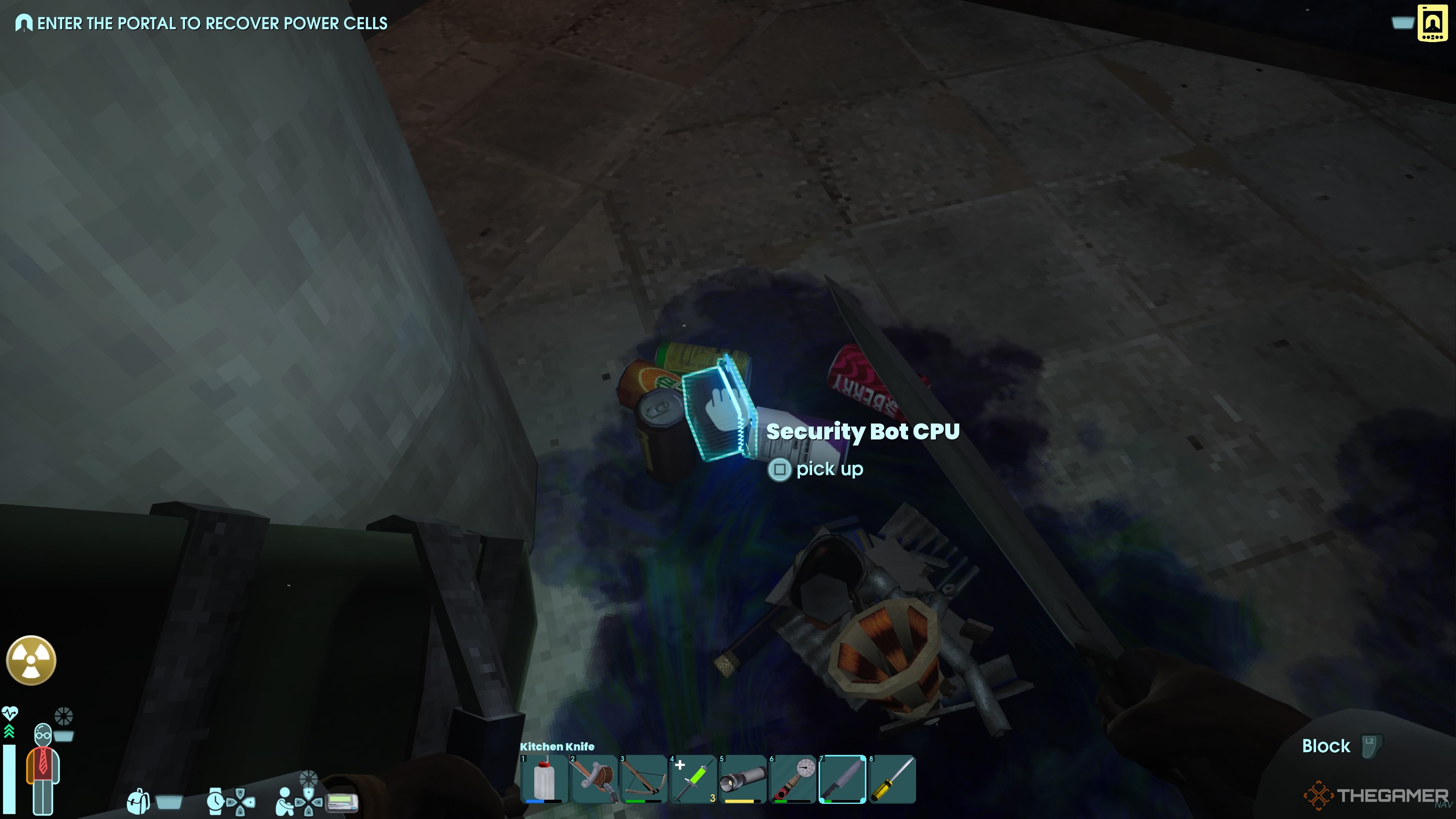 Player character highlighting a Security Bot CPU on the ground beside soda cans and other resources in Abiotic Factor.