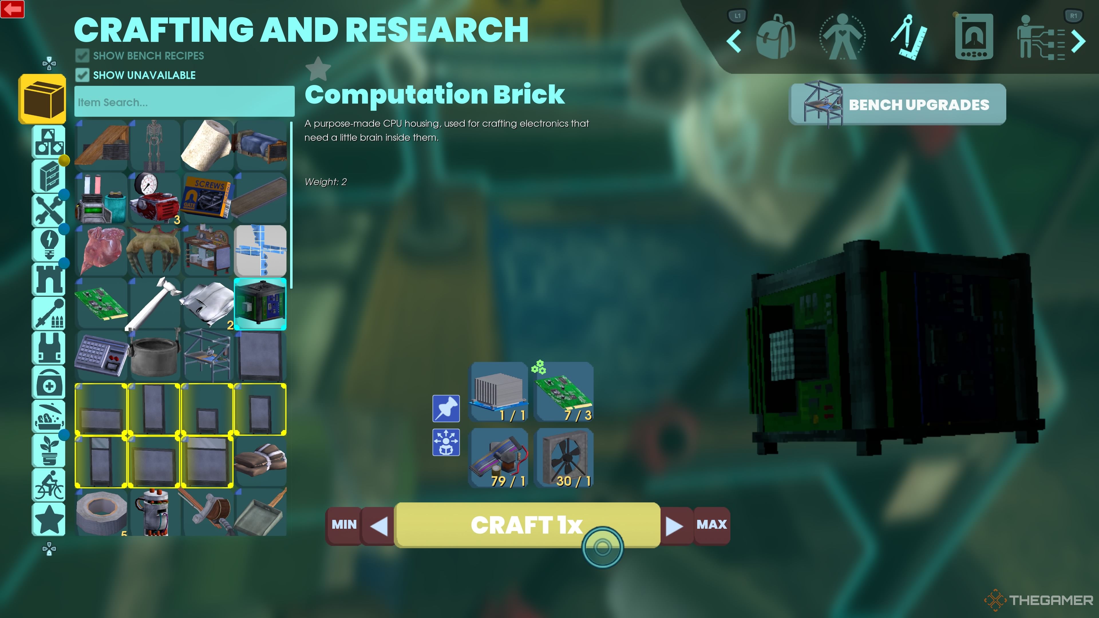 Crafting Bench menu showing the full recipe for a Computation Brick in Abiotic Factor.