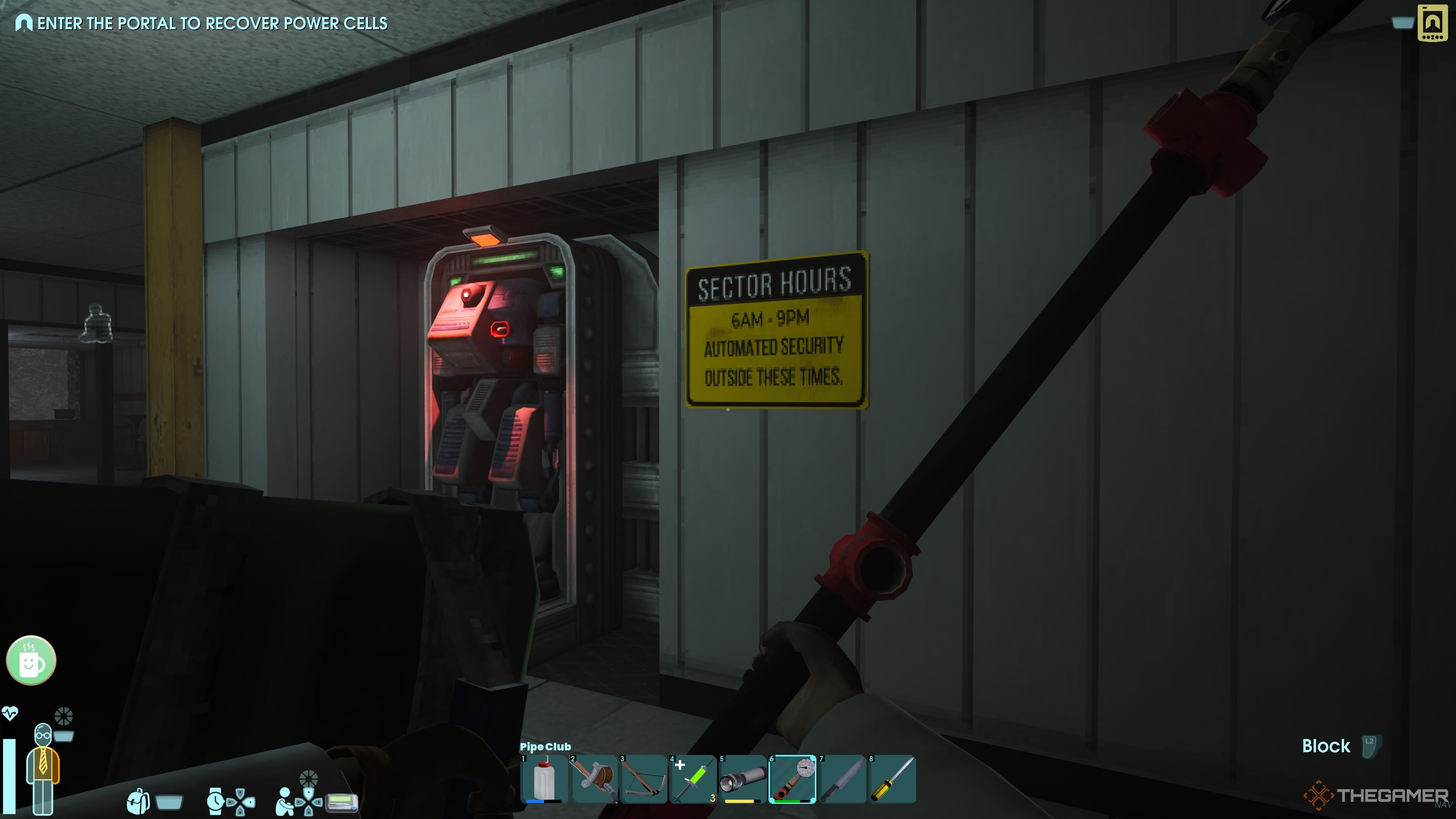 Player character standing near an inactive Security Bot with a security sign near it in Abiotic Factor.