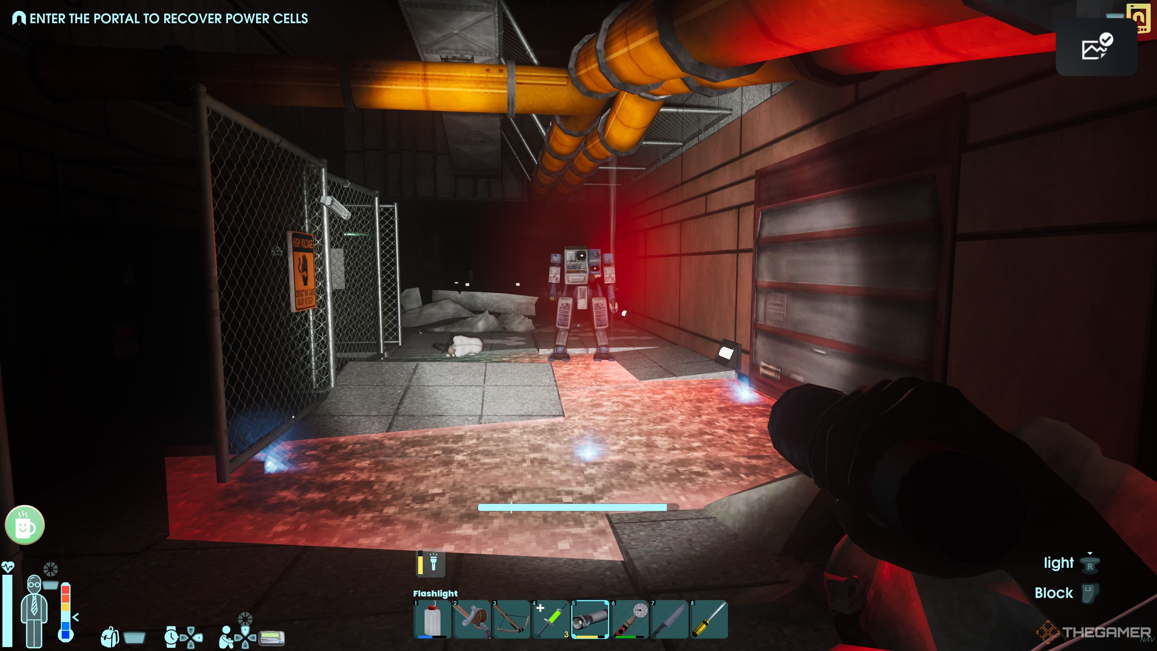 Player character leading a Security Bot to electrified waters to kill it in Abiotic Factor.