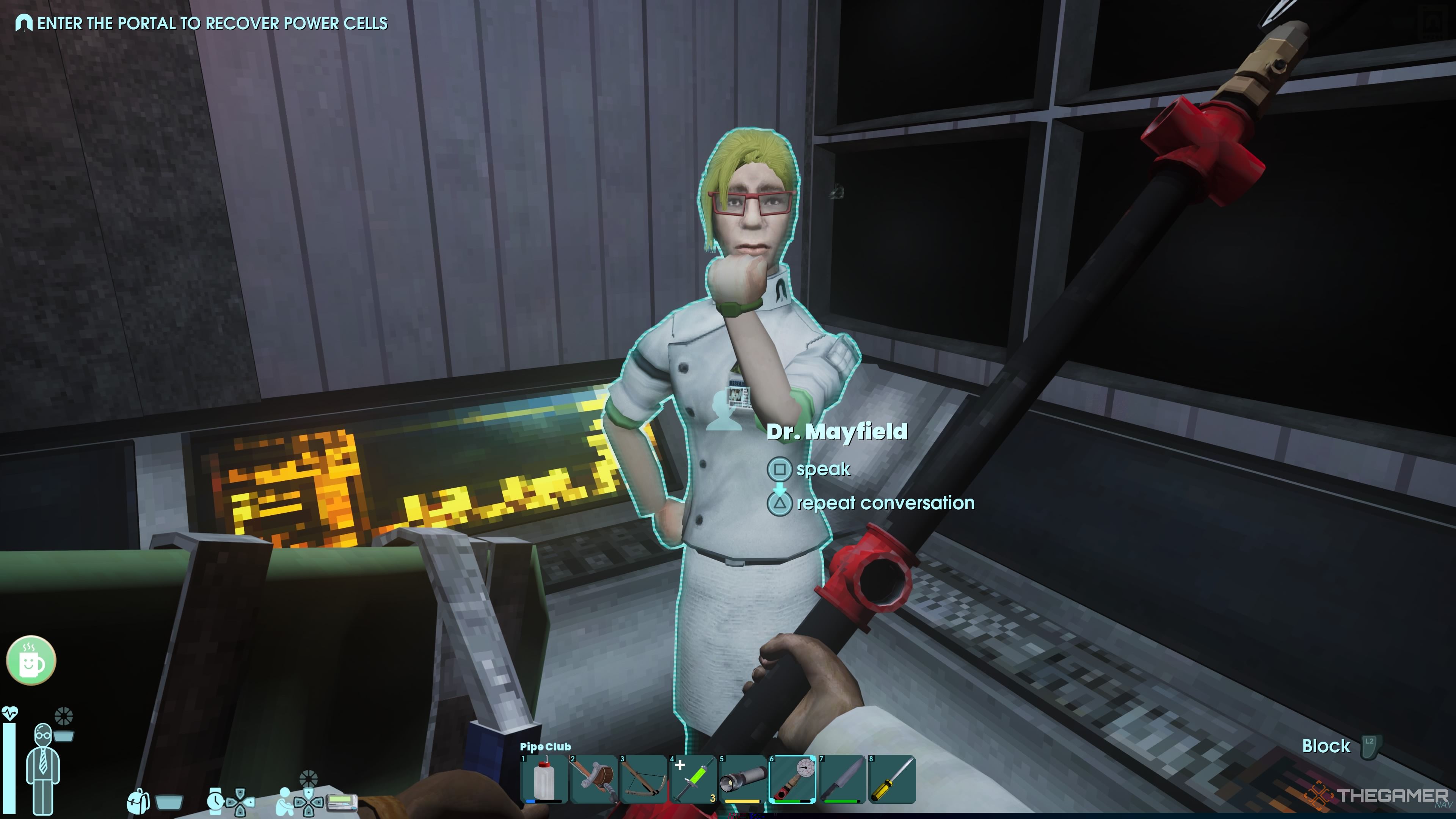 Player character standing next to Alice Mayfield in a computer room in Abiotic Factor.