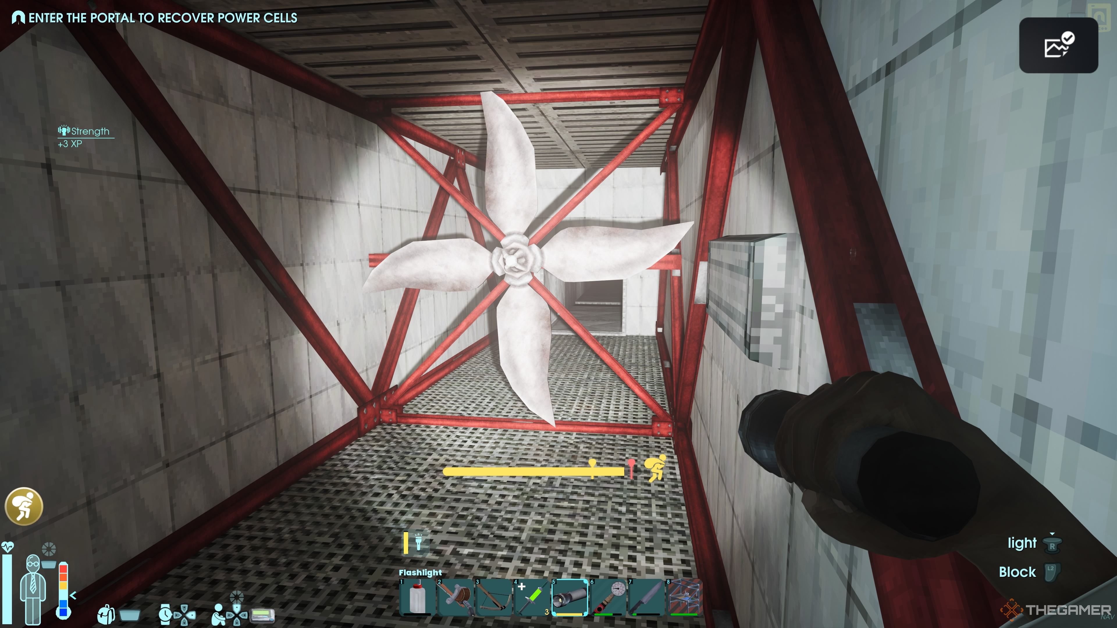 Player character shining a flashlight on an unpowered fan in a vent in Abiotic Factor.