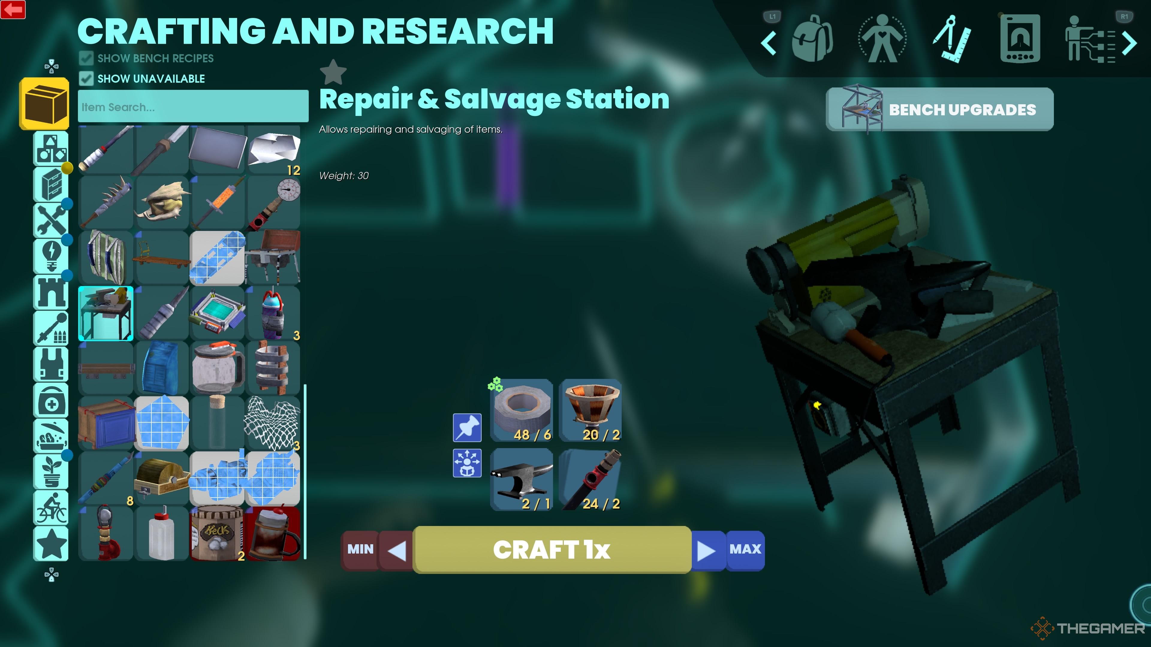 Crafting menu showing the completed recipe for a Repair And Salvage Station in Abiotic Factor.