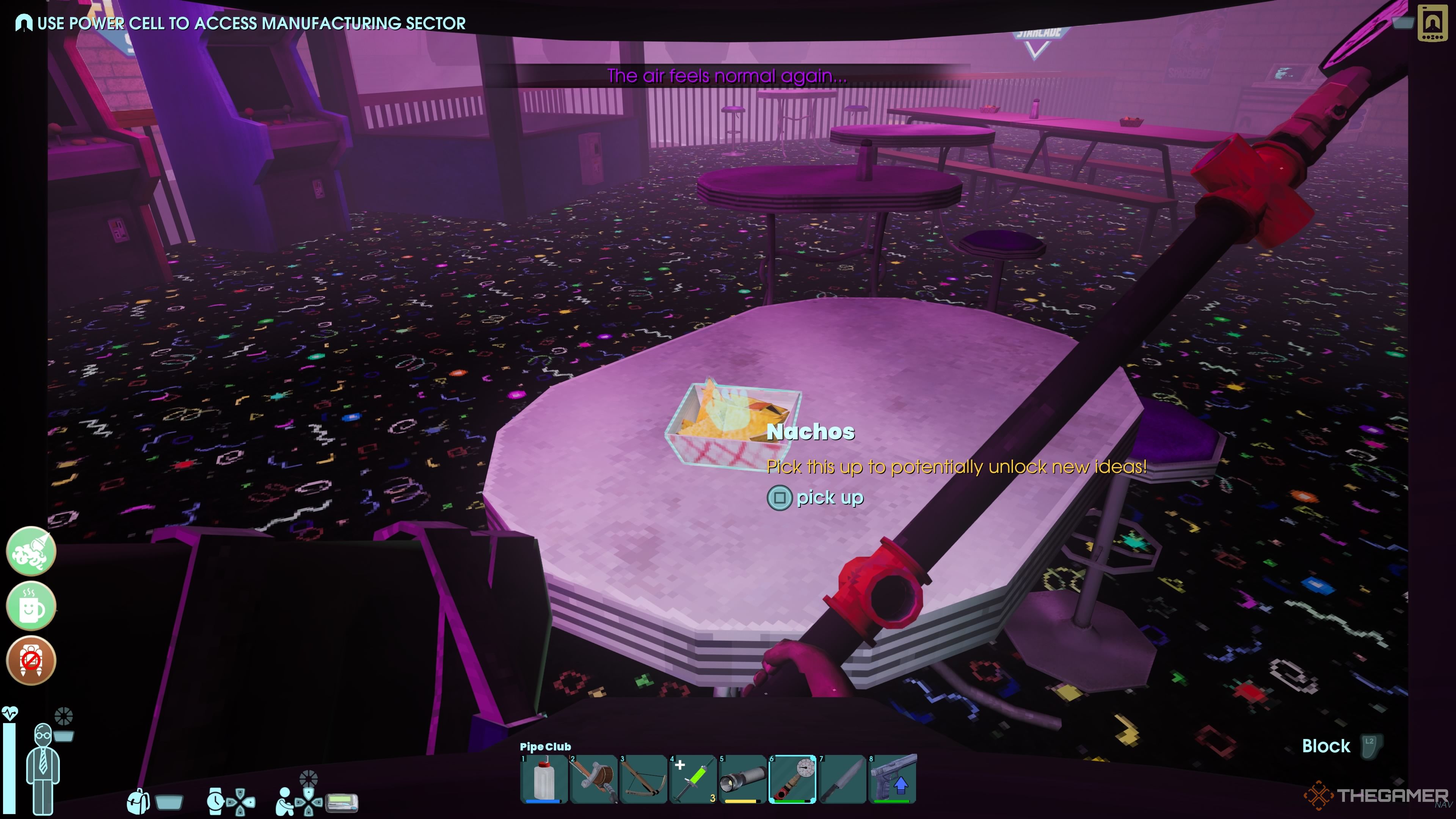 Player character looking at Nachos sitting on a table in an arcade with a colorful floor in Abiotic Factor.