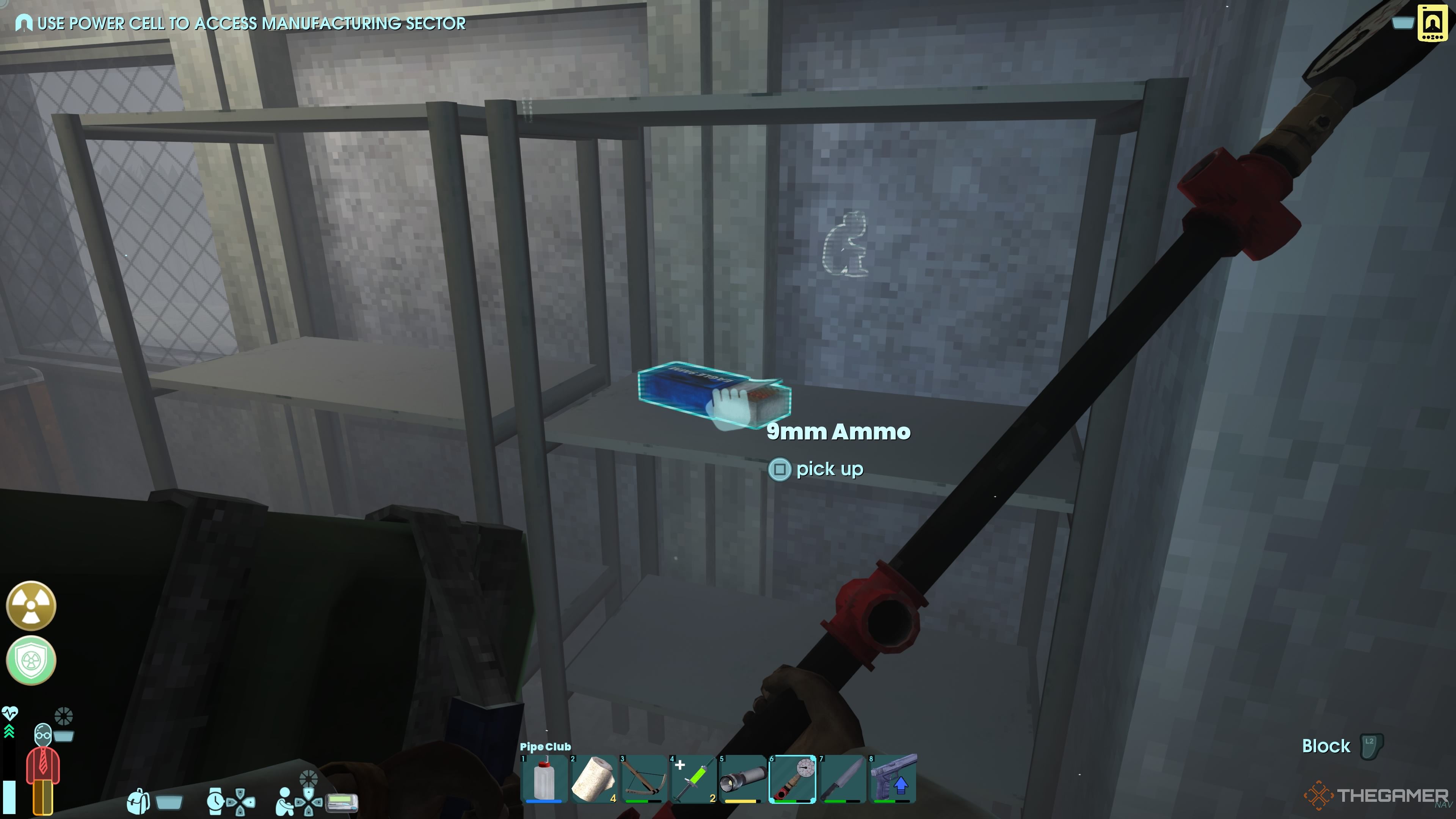 Player character about to pick up some 9mm Ammo from a shelf in a room in Abiotic Factor.
