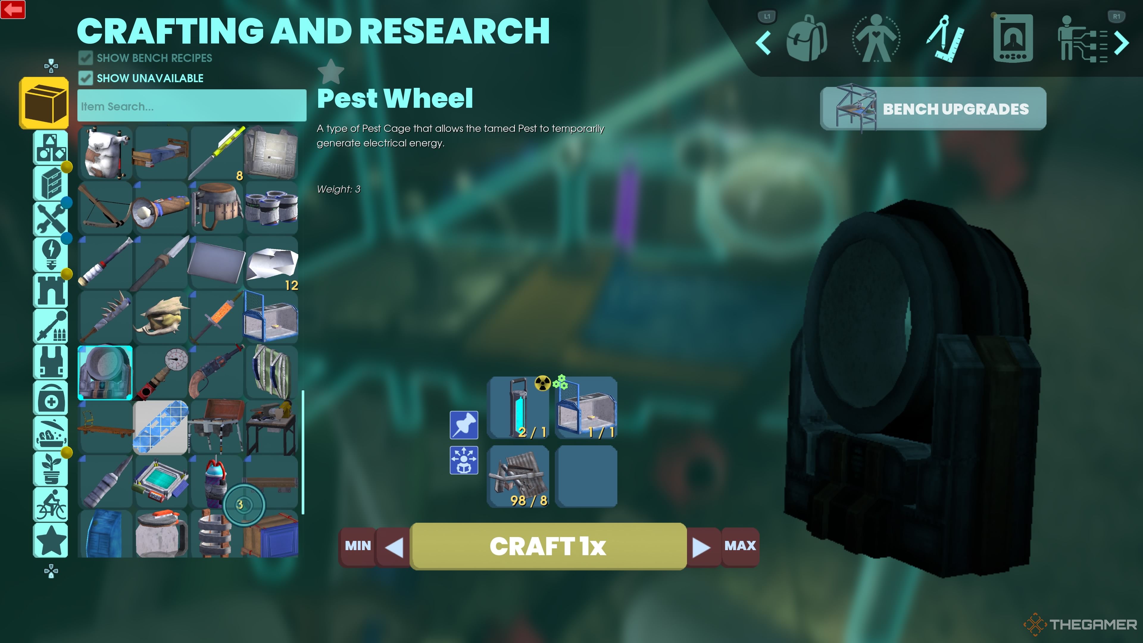 Crafting Menu showing the full recipe for a Pest Wheel in Abiotic Factor.