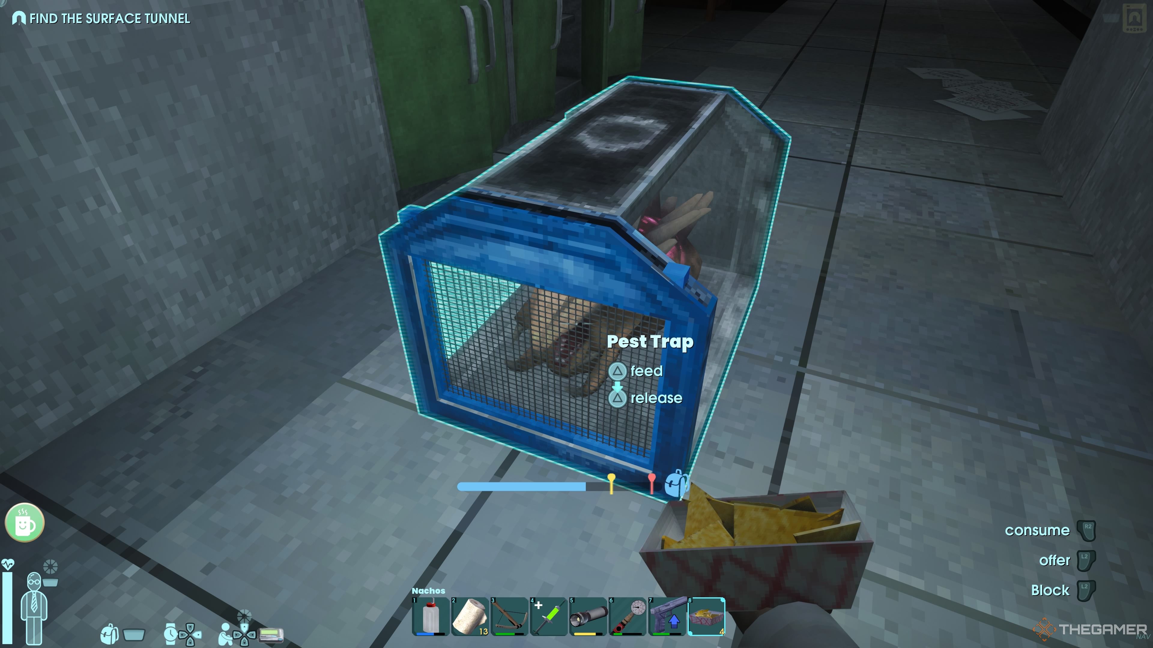 Player character feeding a caged Pest Nachos to tame it in Bio Lab D in Abiotic Factor.