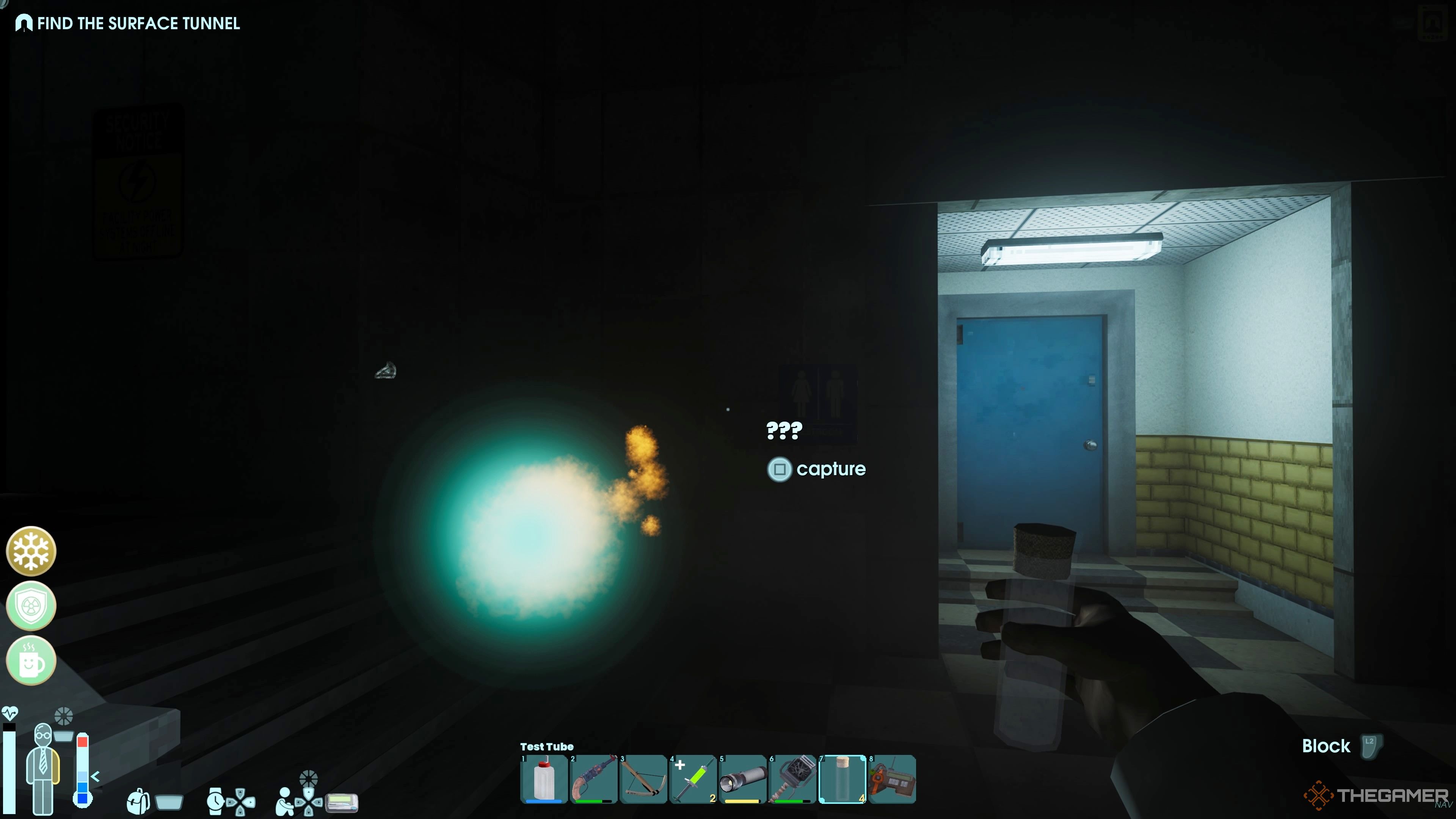 Player character holding a Test Tube and preparing to catch an Anomaly in a dark room in Abiotic Factor.