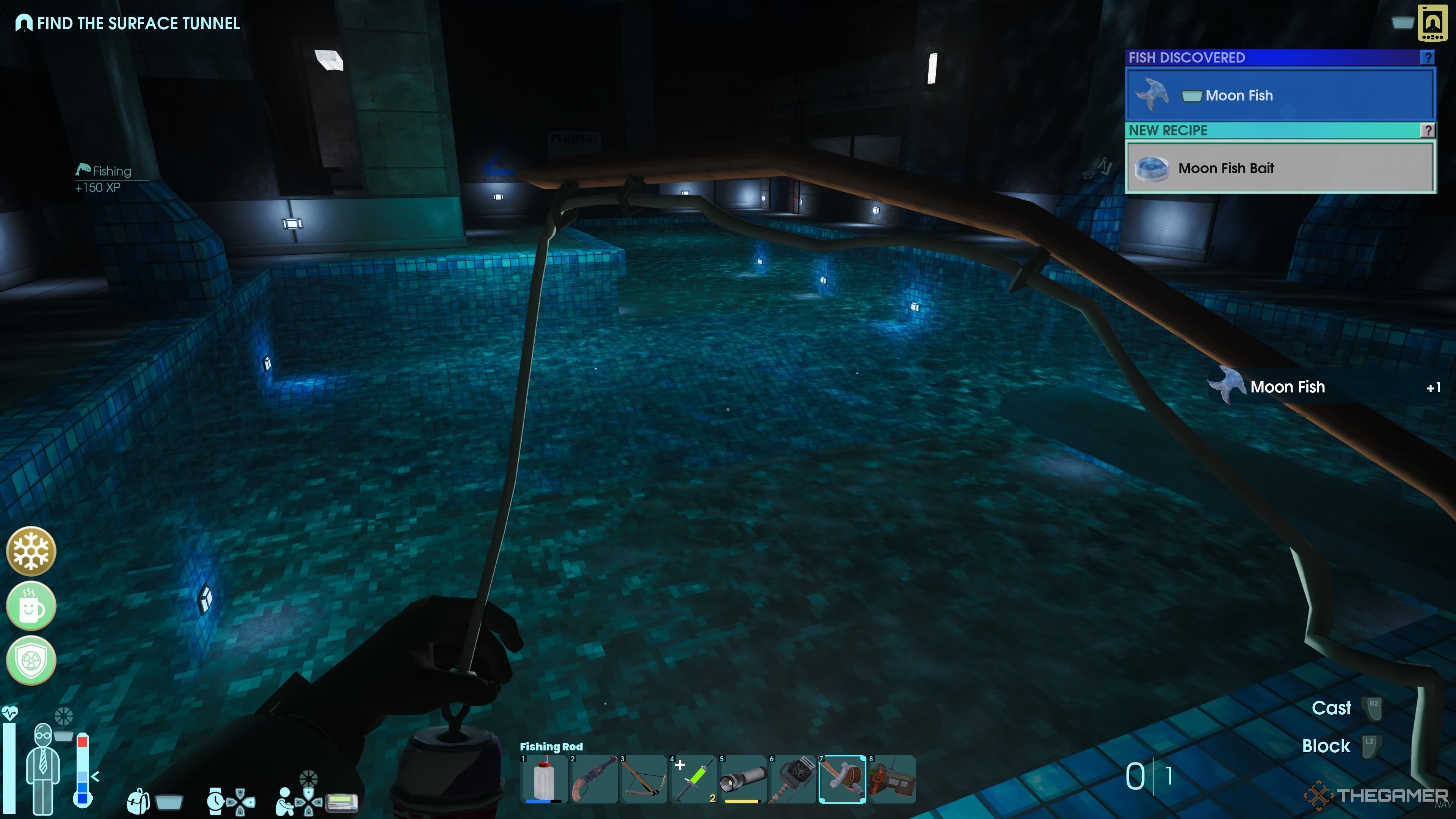 Player character fishing in the gym pool and successfully catching a Moon Fish in Abiotic Factor.