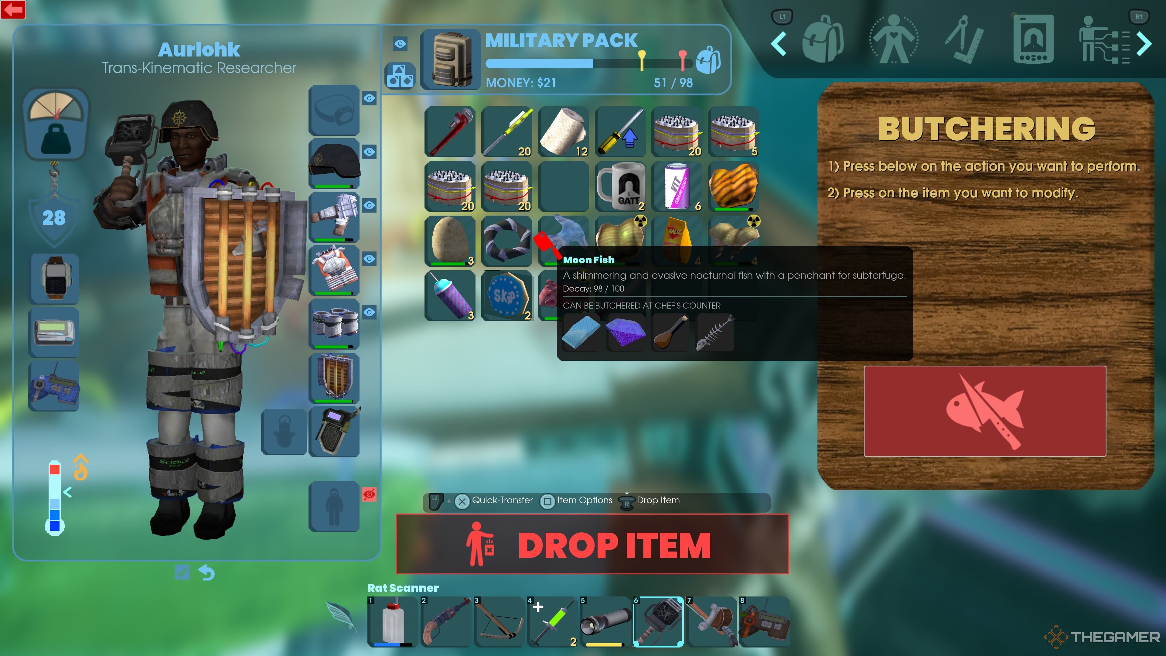 Player character preparing to butcher a Moon Fish and a small menu shows the four items doing so gives in Abiotic Factor.