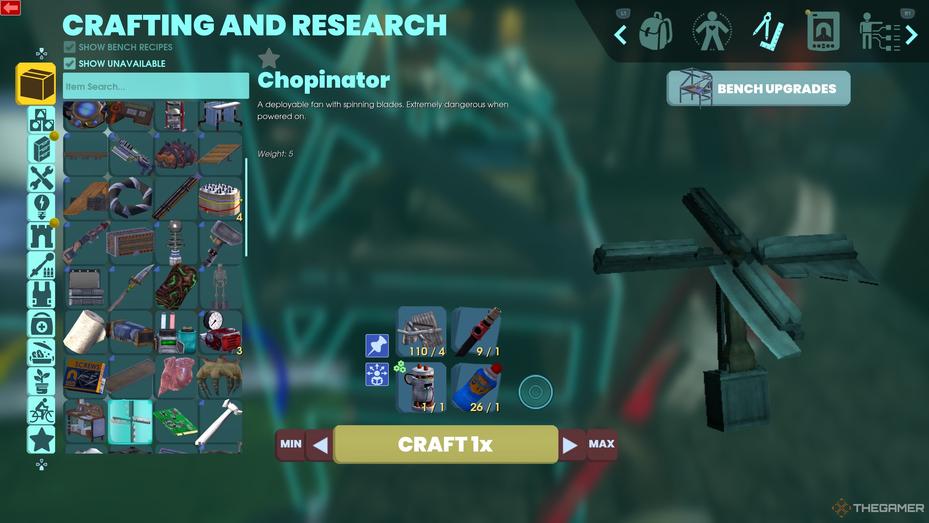 Crafting menu showing the recipe for a Chopinator, which needs four items, in Abiotic Factor.