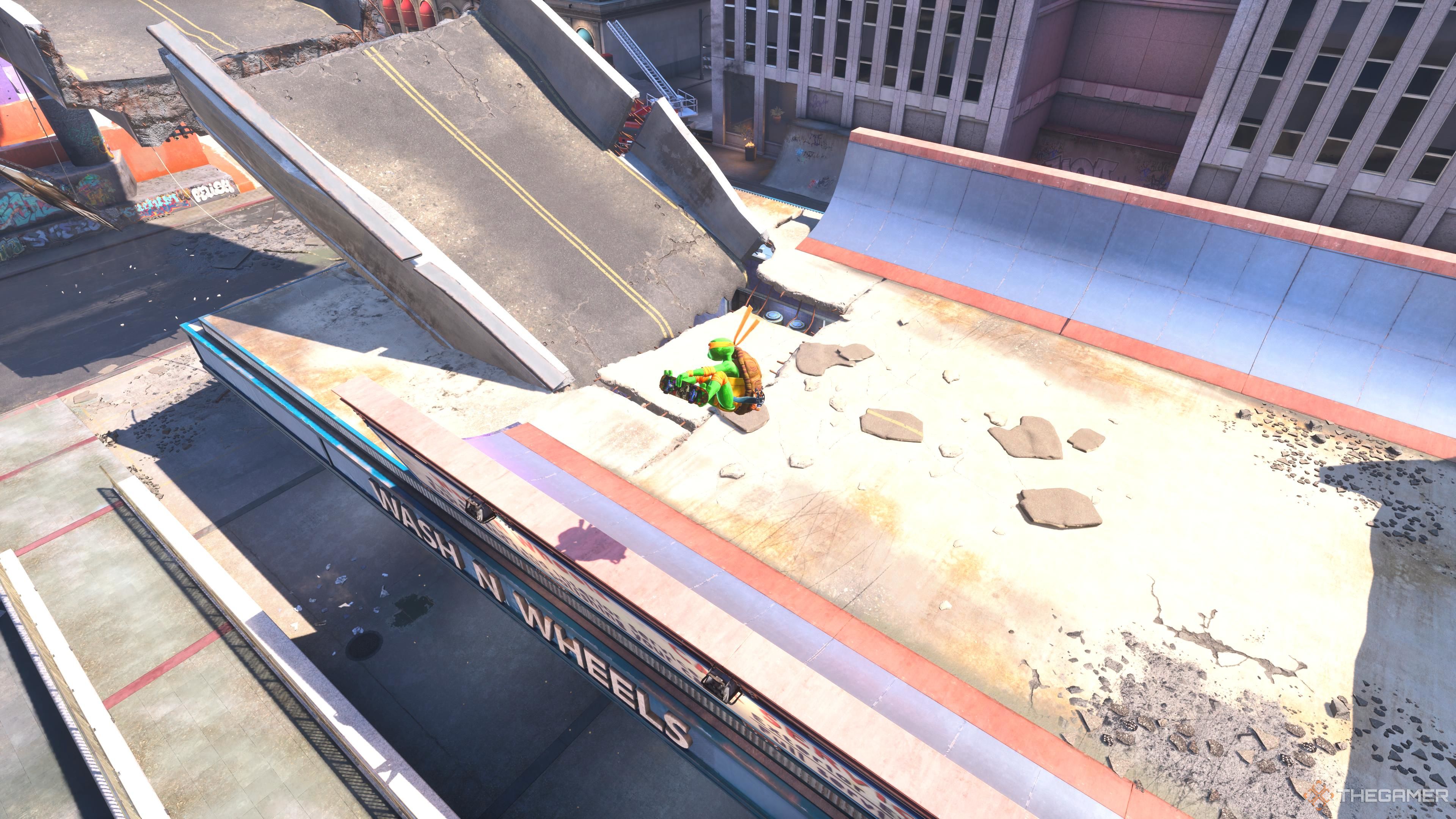 An aerial view of the broken overpass halfpipe in Tony Hawk's Pro Skater 3 + 4.
